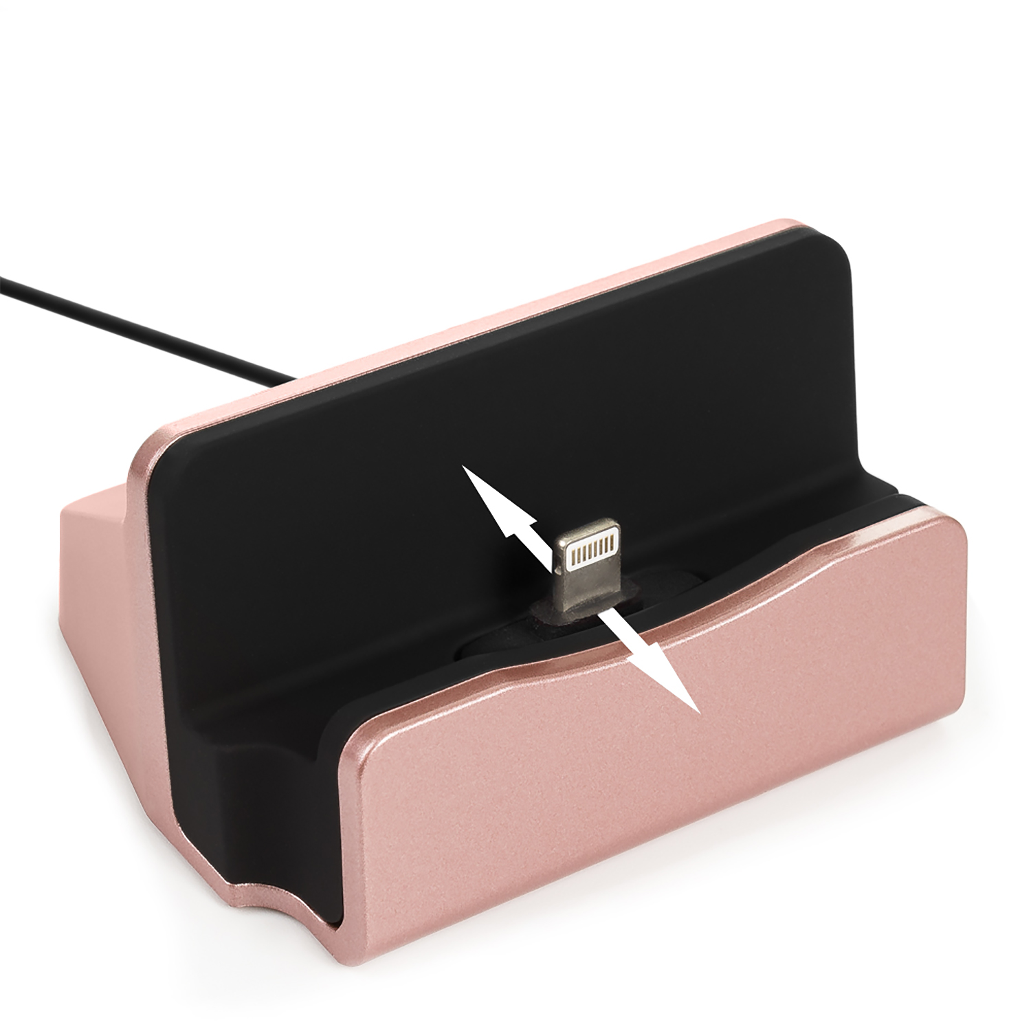 Base di ricarica per telefono oro rosa con connettore Lightning, base nera, sfondo bianco.