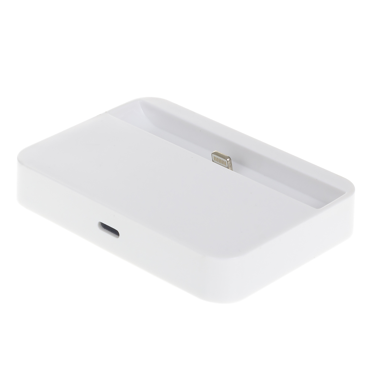 Una base di ricarica bianca per un telefono, con un connettore Lightning e una porta di ricarica.