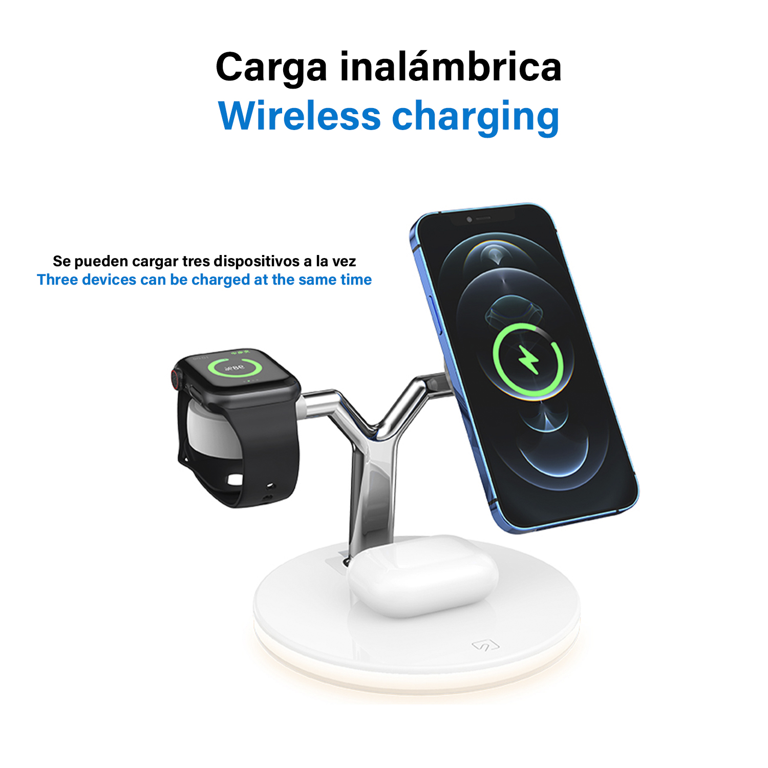 Supporto di ricarica wireless con smartwatch, auricolari e telefono. Il testo dice 'Tre dispositivi possono essere caricati contemporaneamente'.