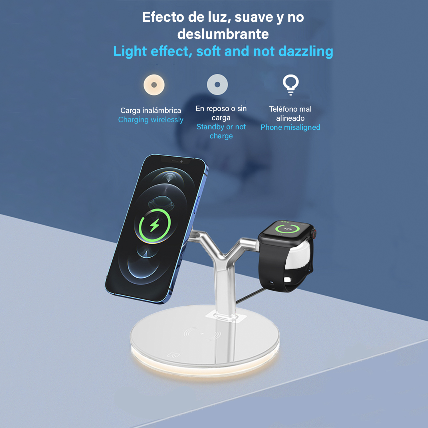 Supporto di ricarica bianco con telefono e orologio. Il testo indica ricarica wireless, standby e disallineamento del telefono.
