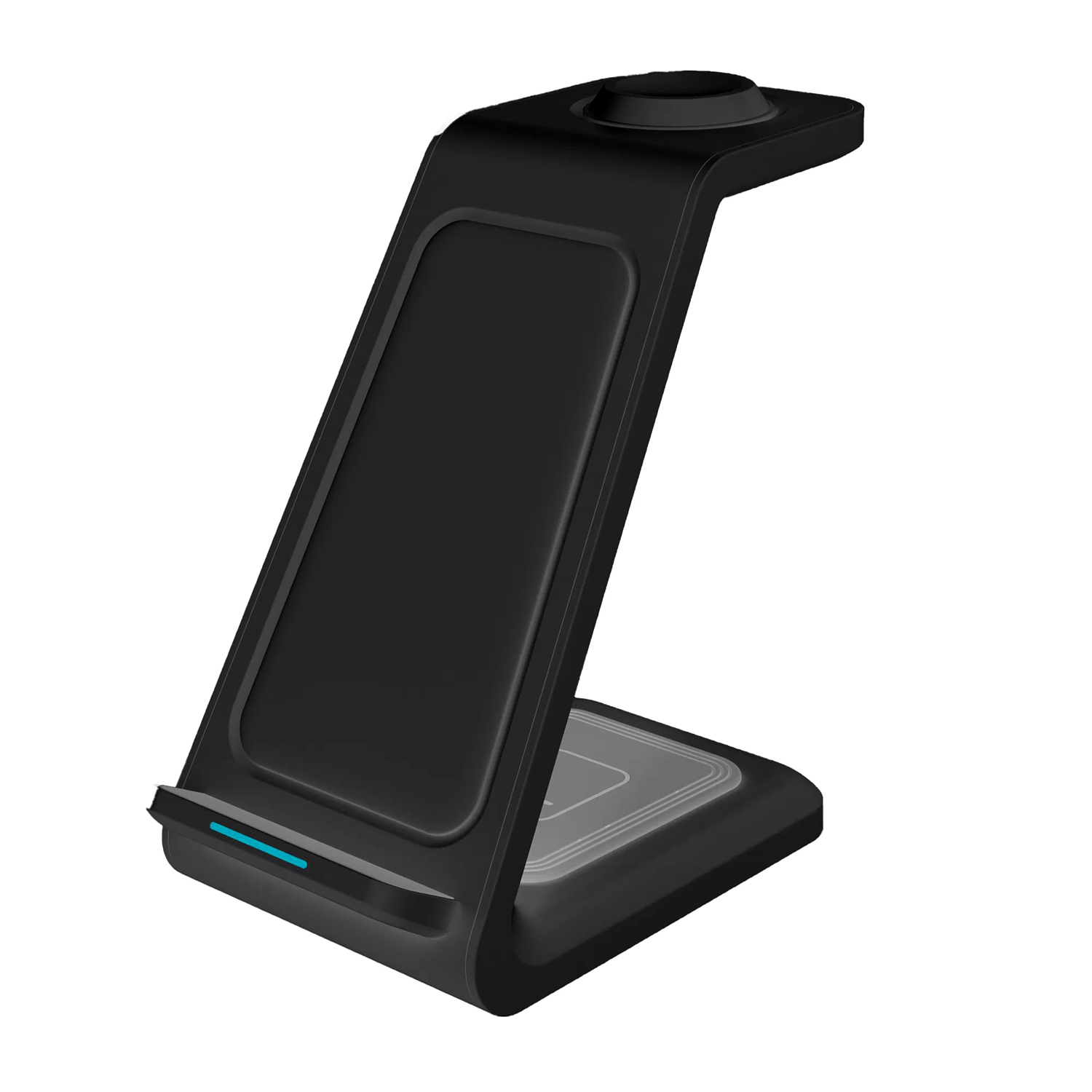 Supporto di ricarica wireless nero con basi di ricarica per telefono e orologio, su bianco.