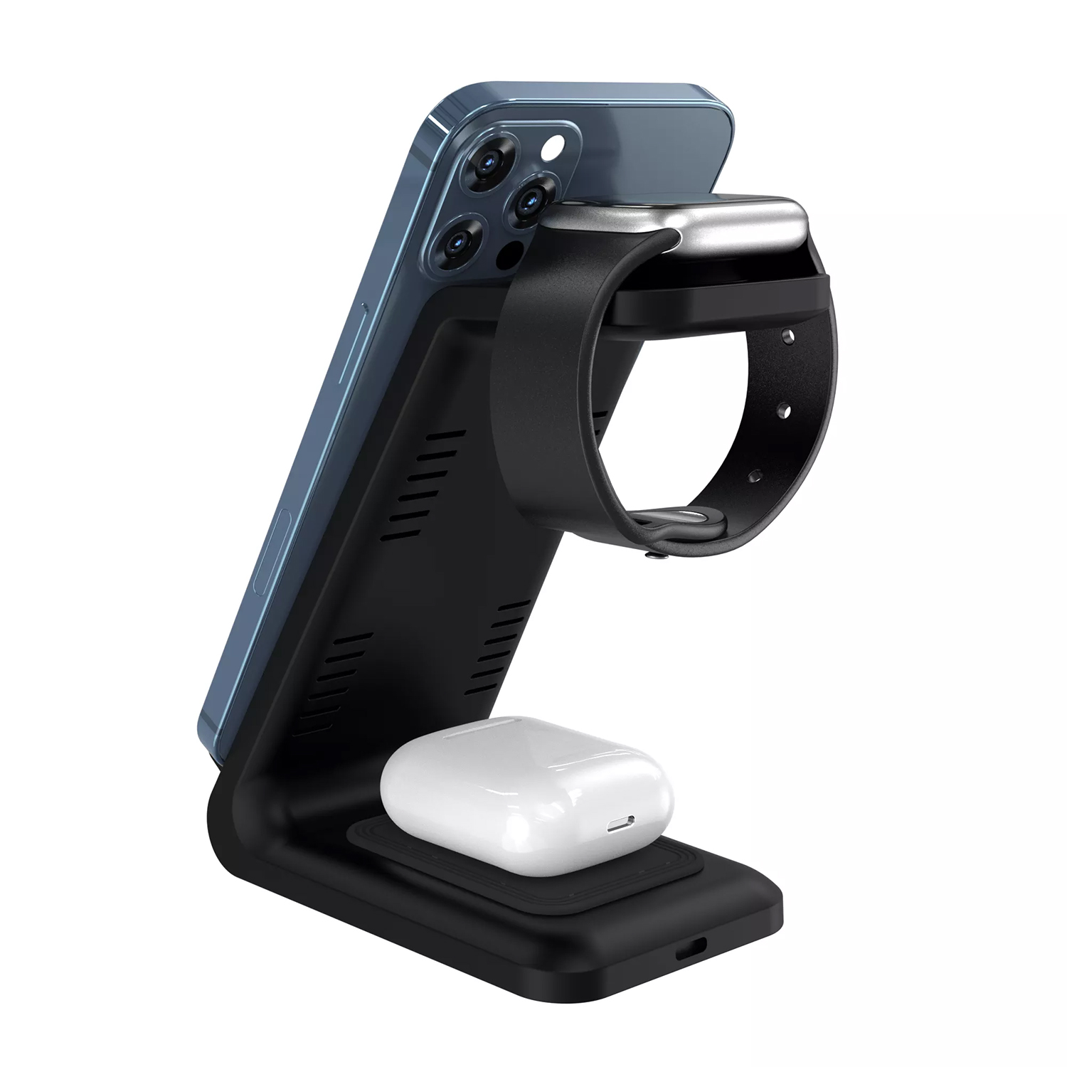 Un supporto di ricarica nero con telefono, orologio e auricolari. Il telefono è blu e l'orologio nero.