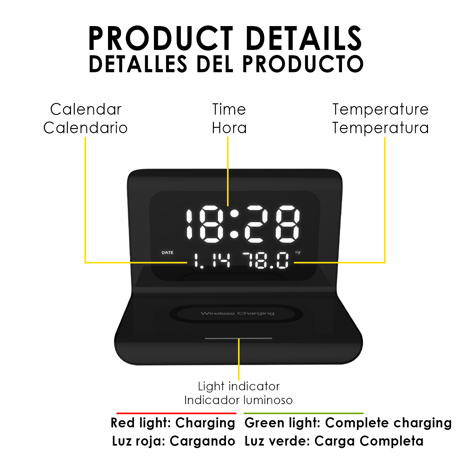Orologio digitale nero con etichette per data, ora e temperatura. Sfondo bianco.