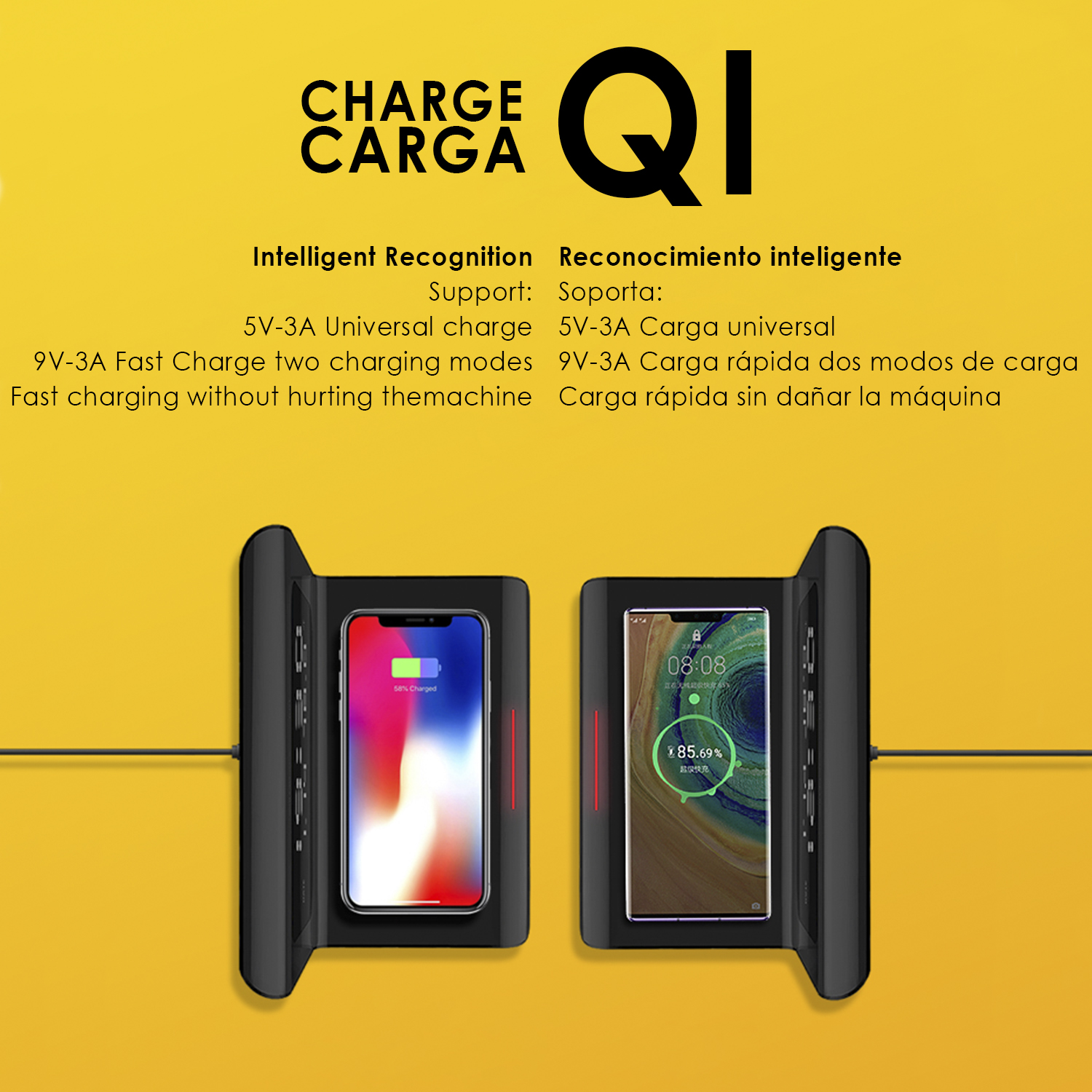 Base di ricarica wireless con due telefoni, uno in carica. Testo in spagnolo e inglese sulla ricarica.