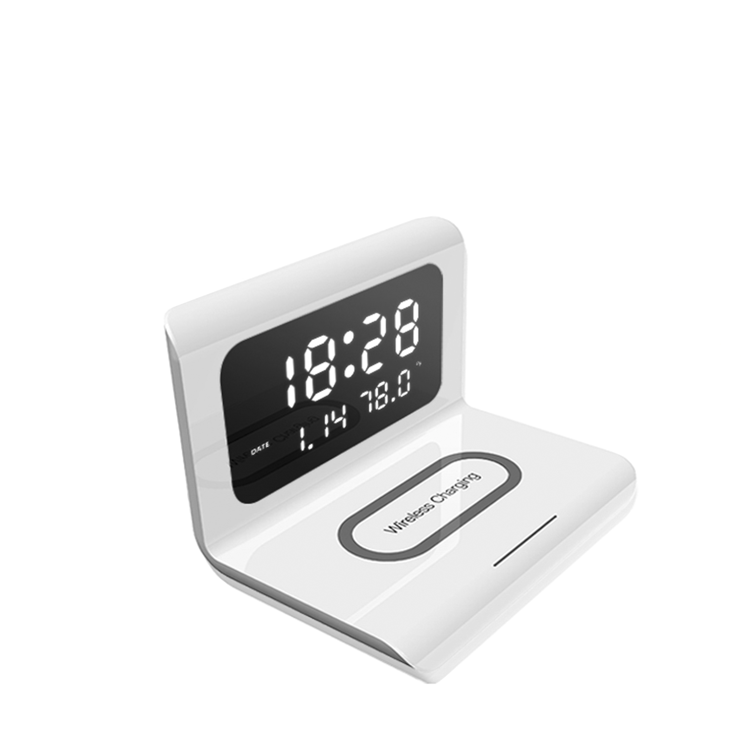 Orologio con ricarica wireless bianco che mostra 18:28, 14 e 78.0 su sfondo bianco.