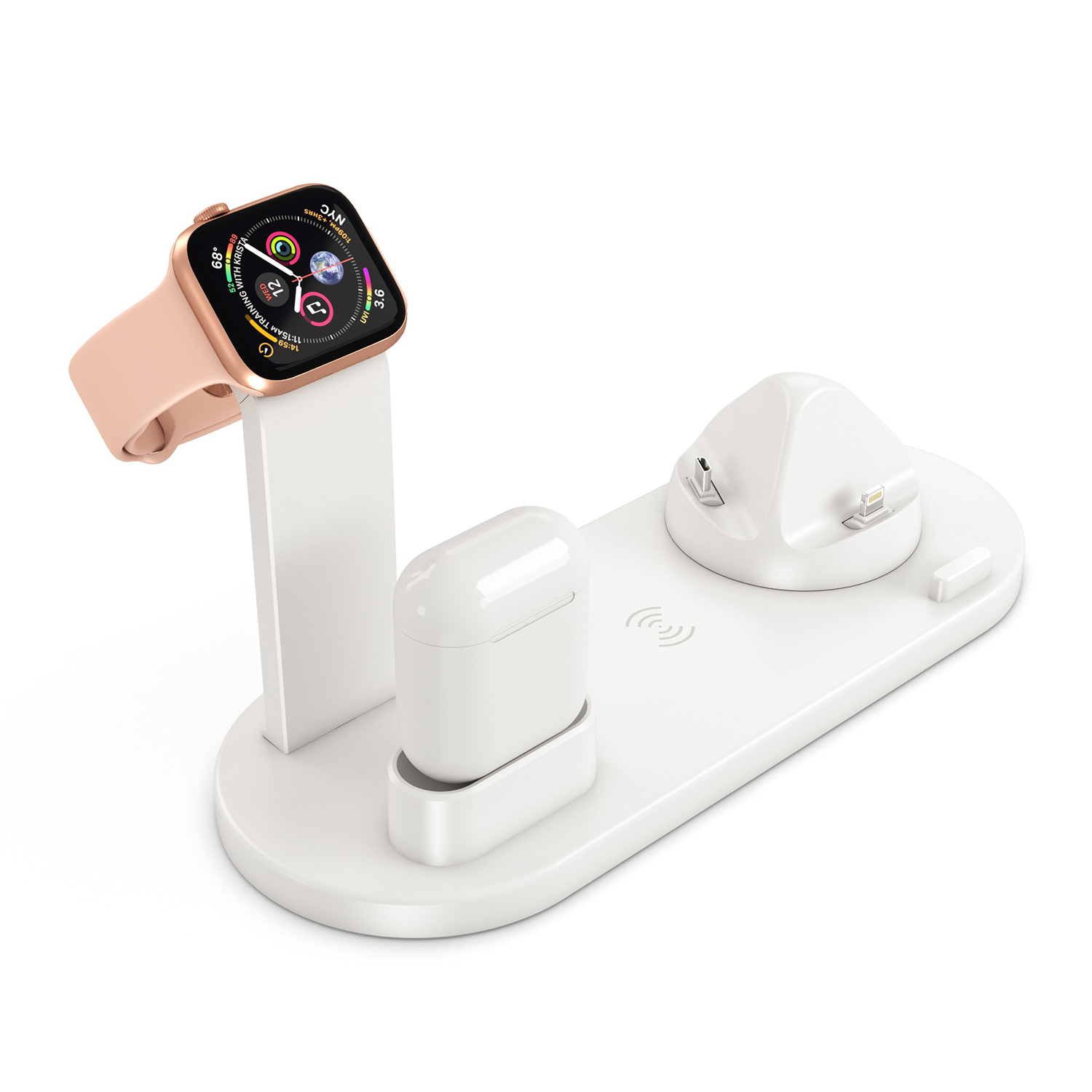 Estación de carga inalámbrica para teléfono, reloj y auriculares. Color blanco, diseño limpio. Aislado en blanco.