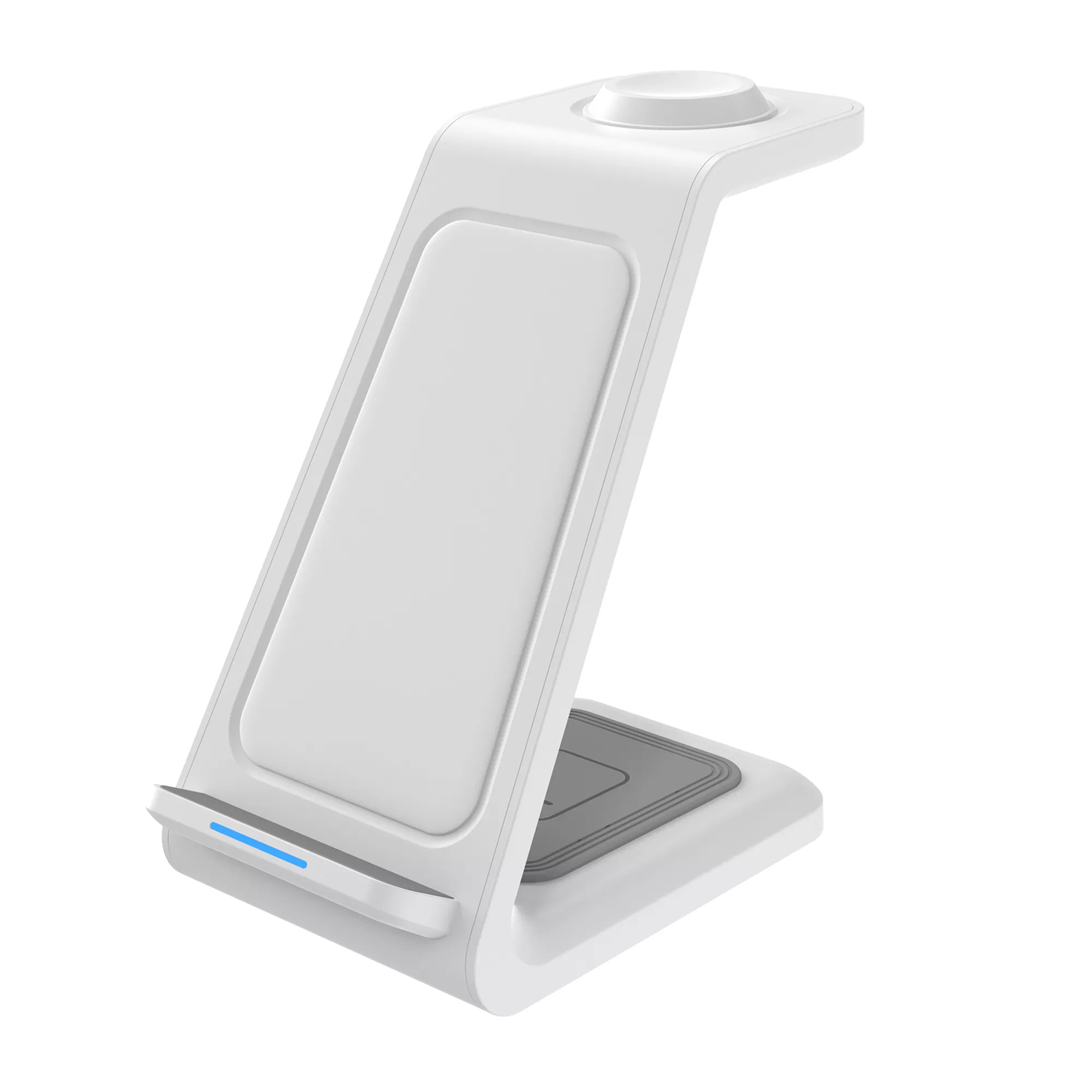 Supporto di ricarica wireless bianco con un design inclinato. Ha aree per telefono e orologio.