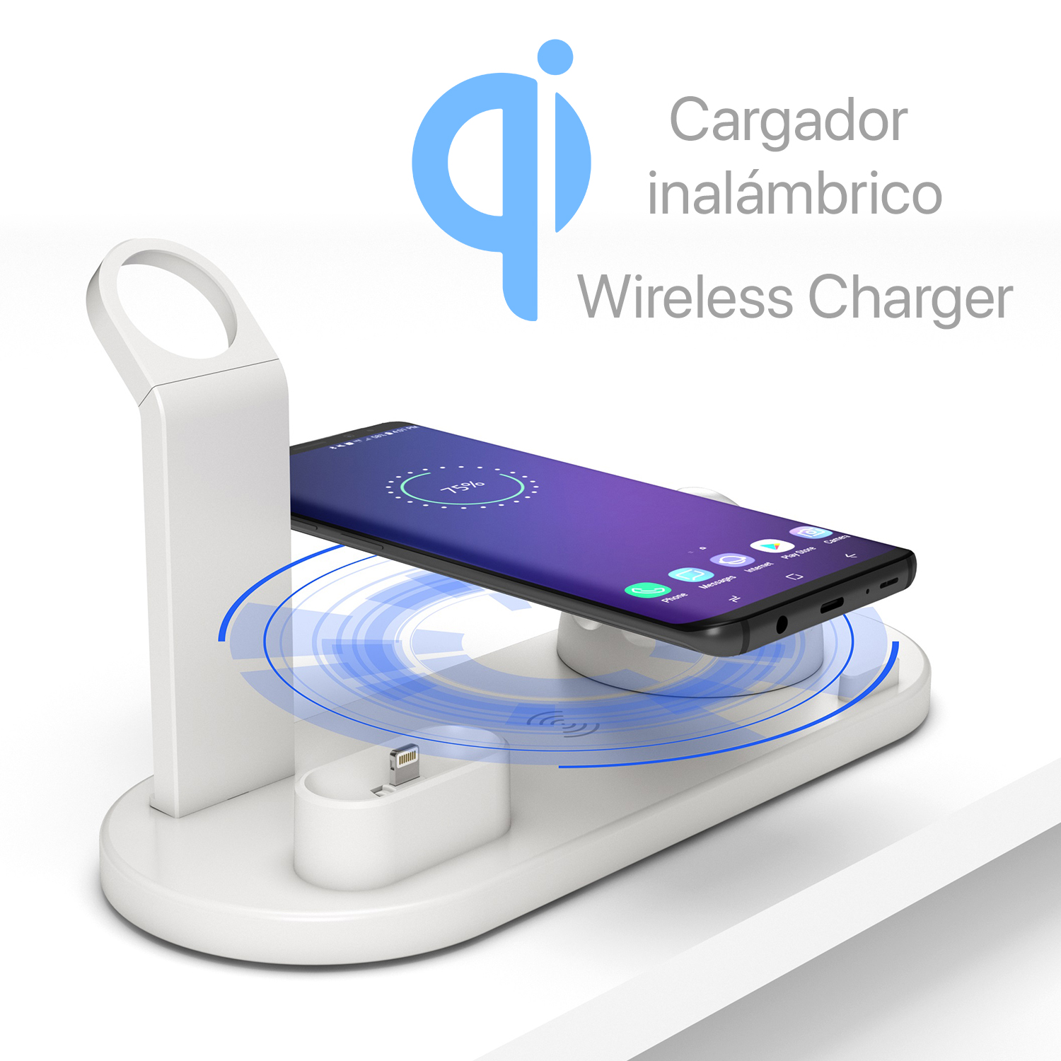 Un cargador inalámbrico blanco con un teléfono cargando. Un teléfono y un reloj están en el cargador.