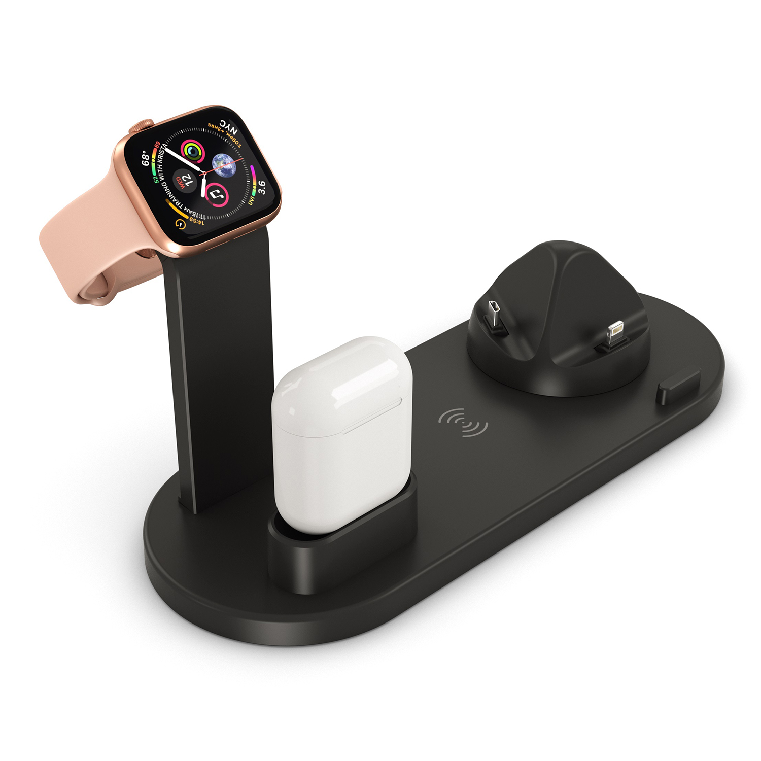 Estación de carga negra con reloj rosa, auriculares blancos y almohadillas.