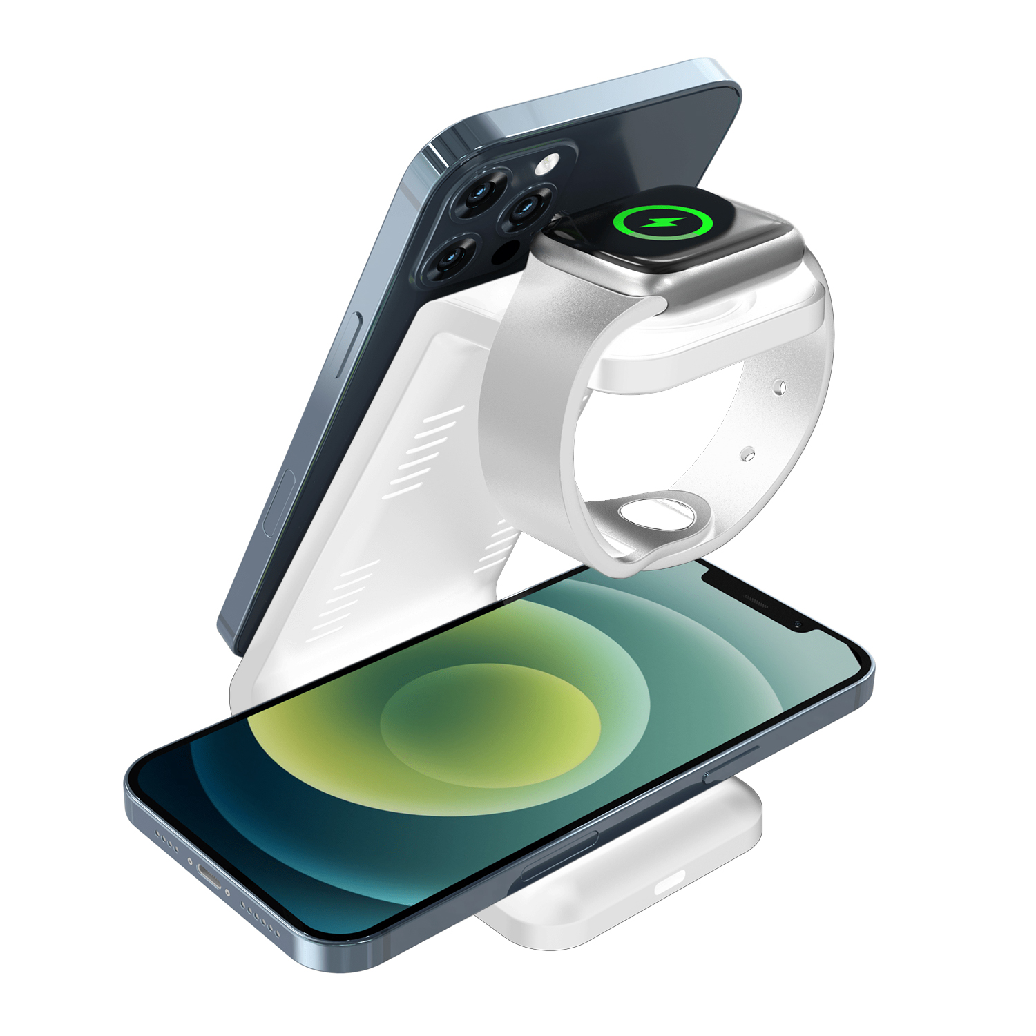 Caricabatterie wireless con telefono e orologio. Il telefono è blu e l'orologio ha il cinturino bianco.