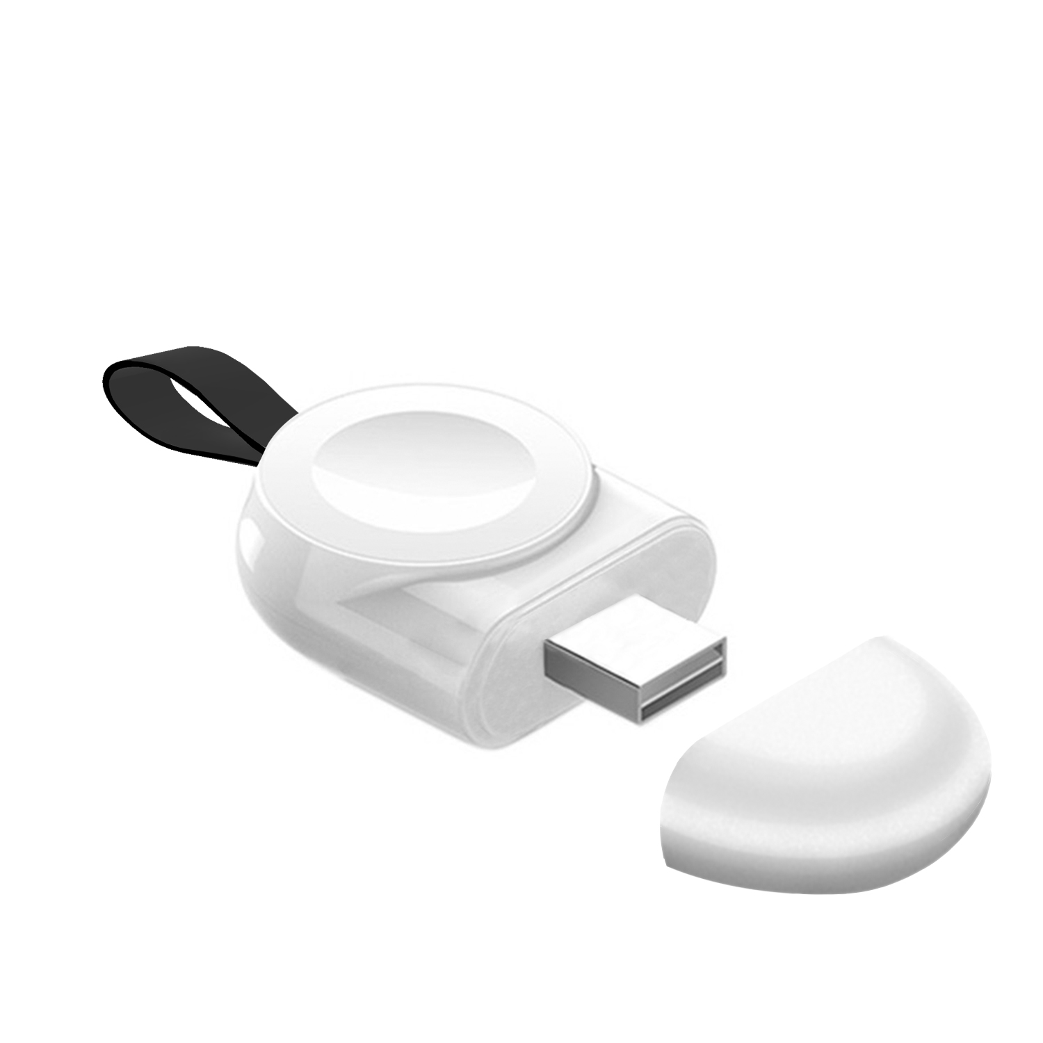 Caricatore bianco con porta USB e cinturino nero. Il caricatore è aperto.