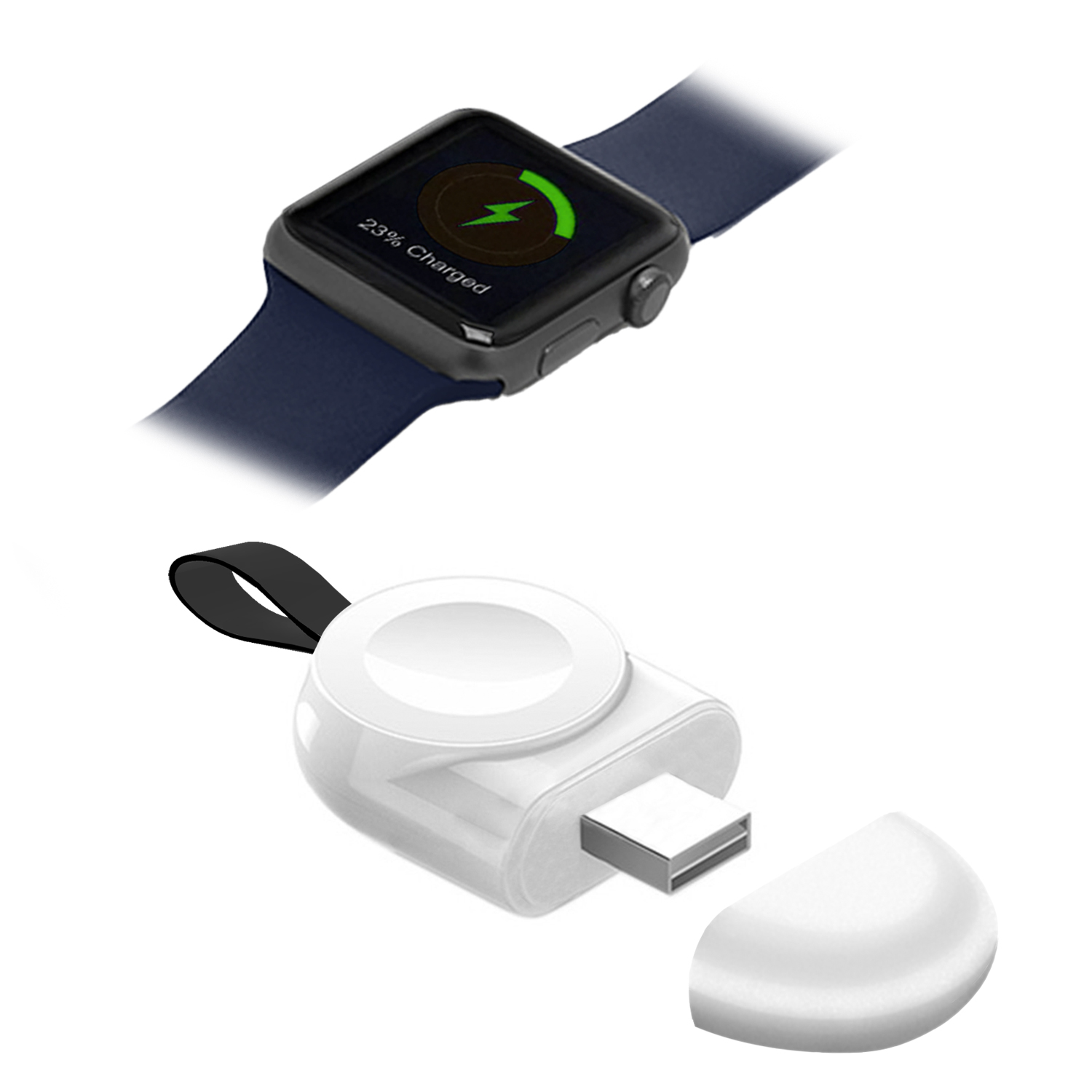Un Apple Watch su una stazione di ricarica; l'orologio mostra l'icona del 23% caricato.