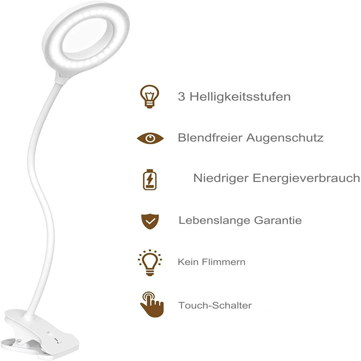 Weiße Schreibtischlampe mit Ringlicht, Icons für Funktionen: Helligkeit, Augenschutz usw.