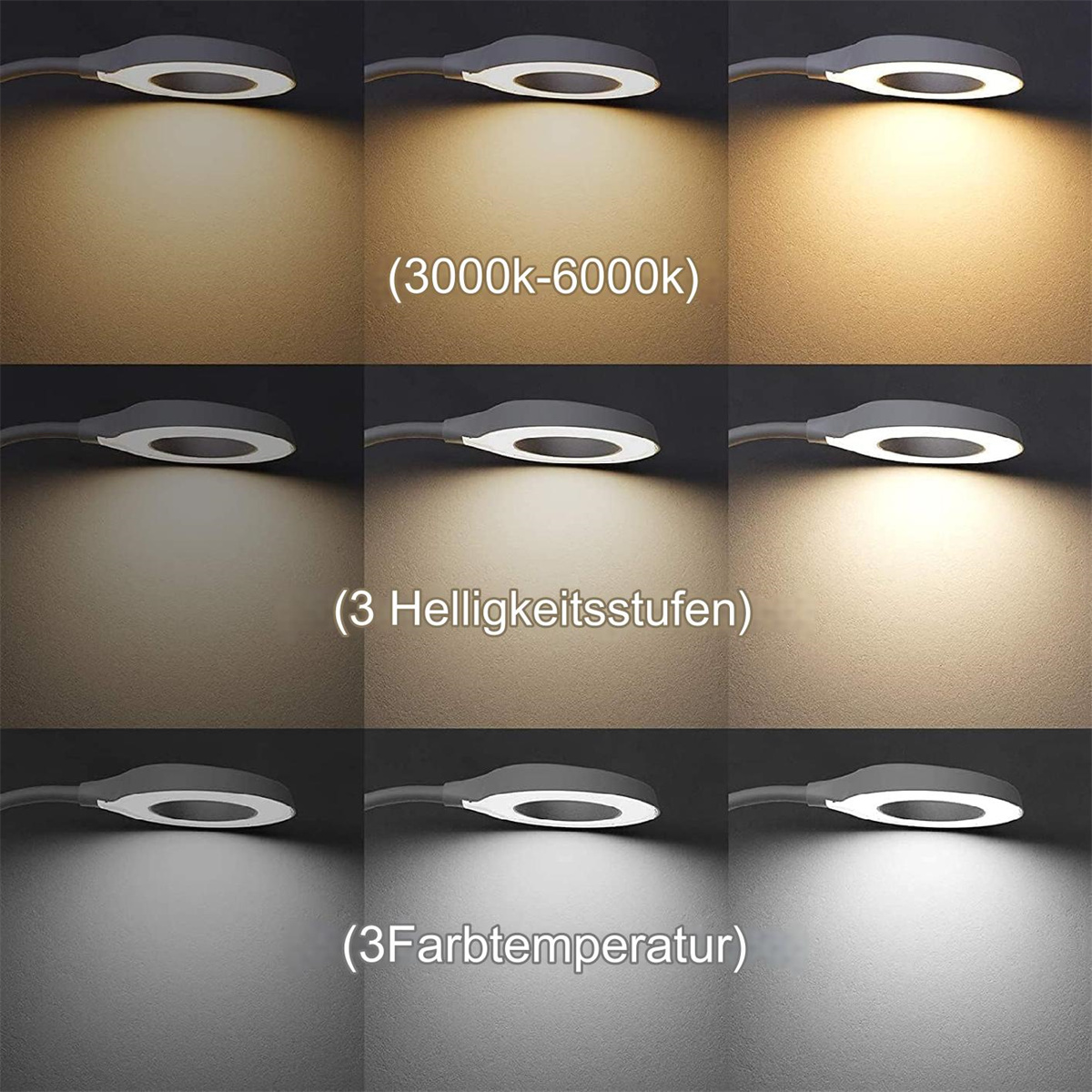 Neun Bilder einer modernen Lampe mit einstellbaren Helligkeits- und Farbtemperatureinstellungen.