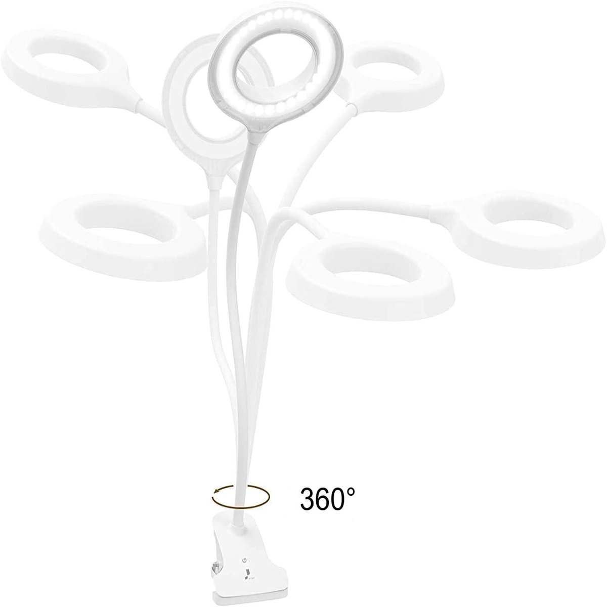 Weiße Schreibtischlampe mit Ringlichtkopf und mehreren flexiblen Armen.