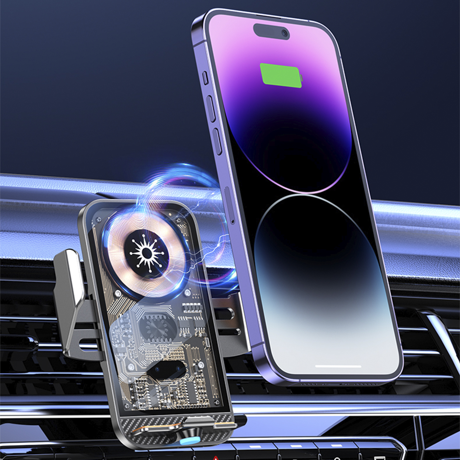 Un teléfono se está cargando en un soporte para automóvil. El teléfono es morado, el interior del automóvil es gris.
