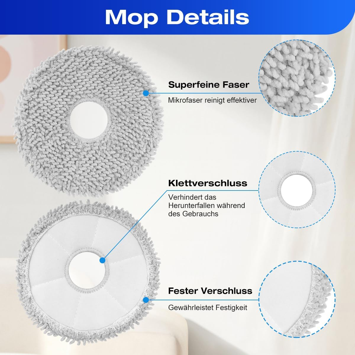 Białe i szare mopy z etykietami wskazującymi cechy: mikrofibra, rzep i bezpieczne zamknięcie.