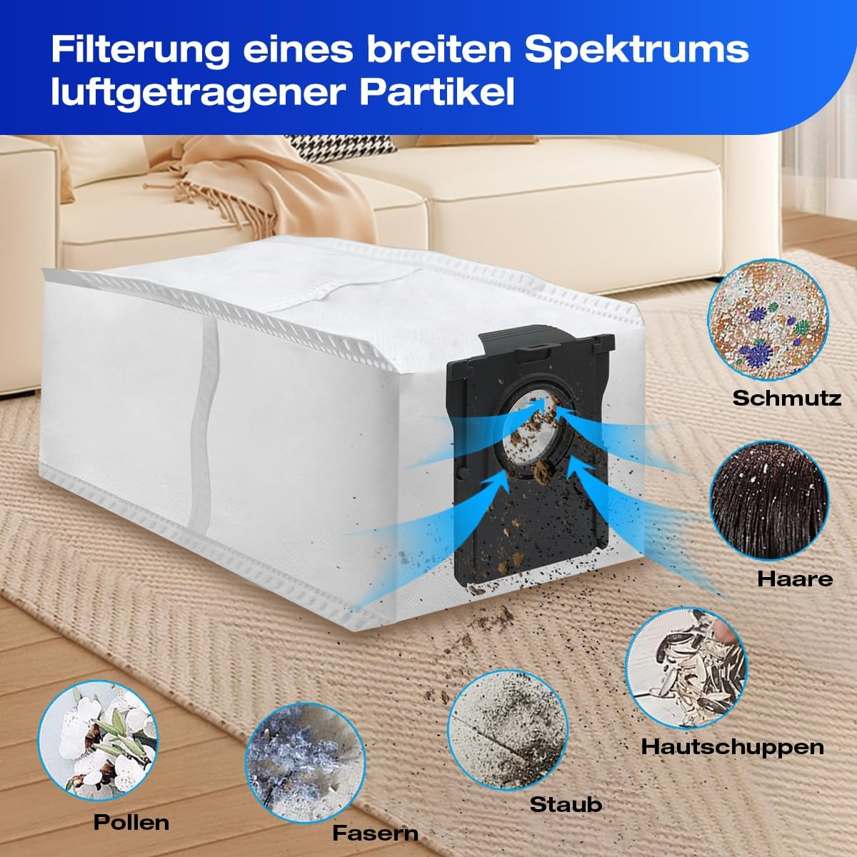 Filtr z workiem do odkurzacza i kilkoma cząsteczkami, w tym pyłkami, włosami i kurzem.