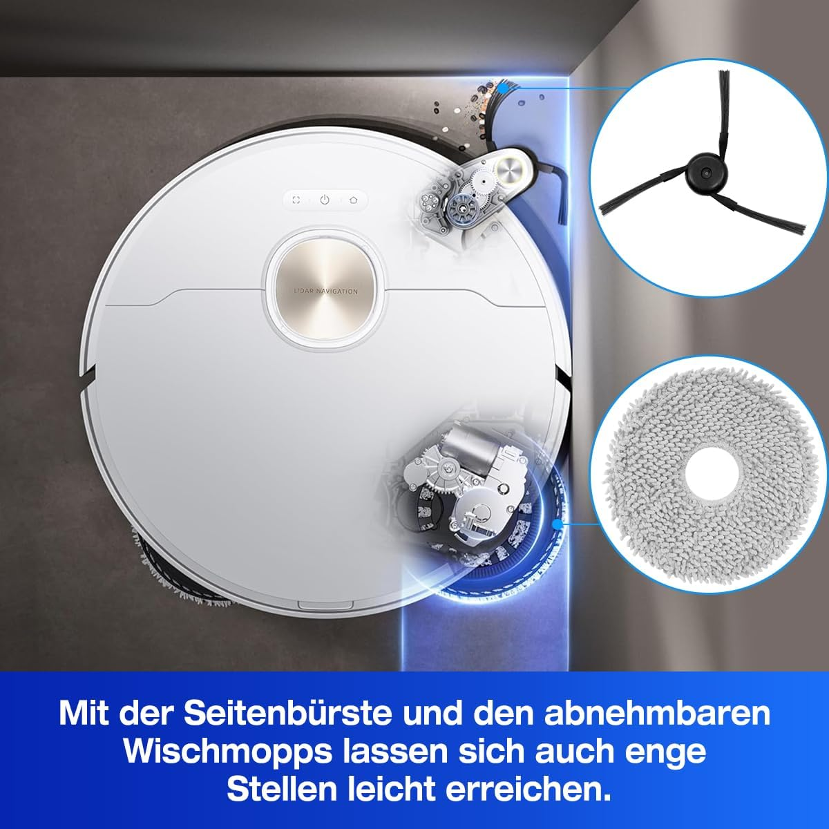Biały robot odkurzający ze szczegółami szczotek i nakładek czyszczących. Tekst w języku niemieckim.