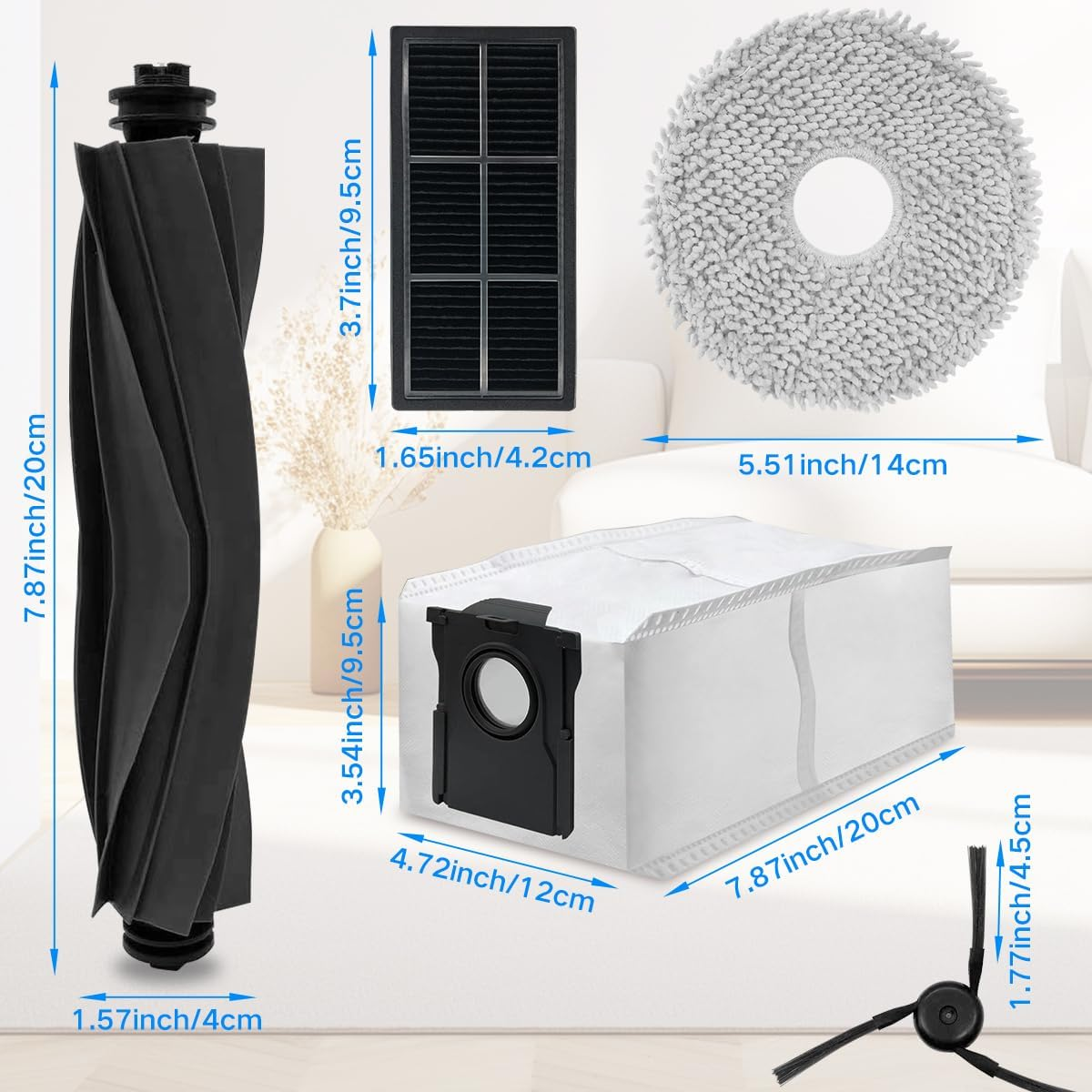 Różne komponenty do robota sprzątającego, w tym szczotka rolkowa, filtr i nakładka czyszcząca.