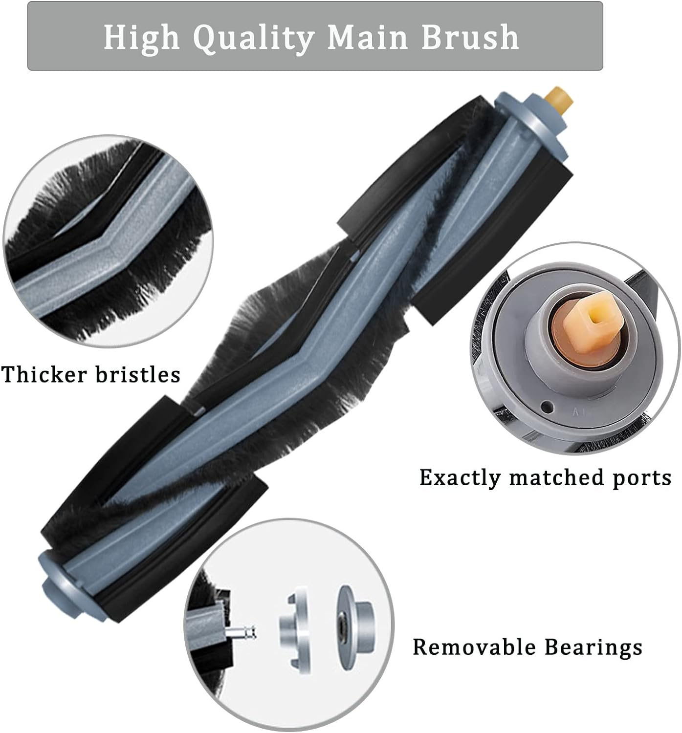 Szczotka główna do odkurzacza, z etykietami tekstowymi wskazującymi cechy, takie jak grubsze włosie i wyjmowane łożyska.