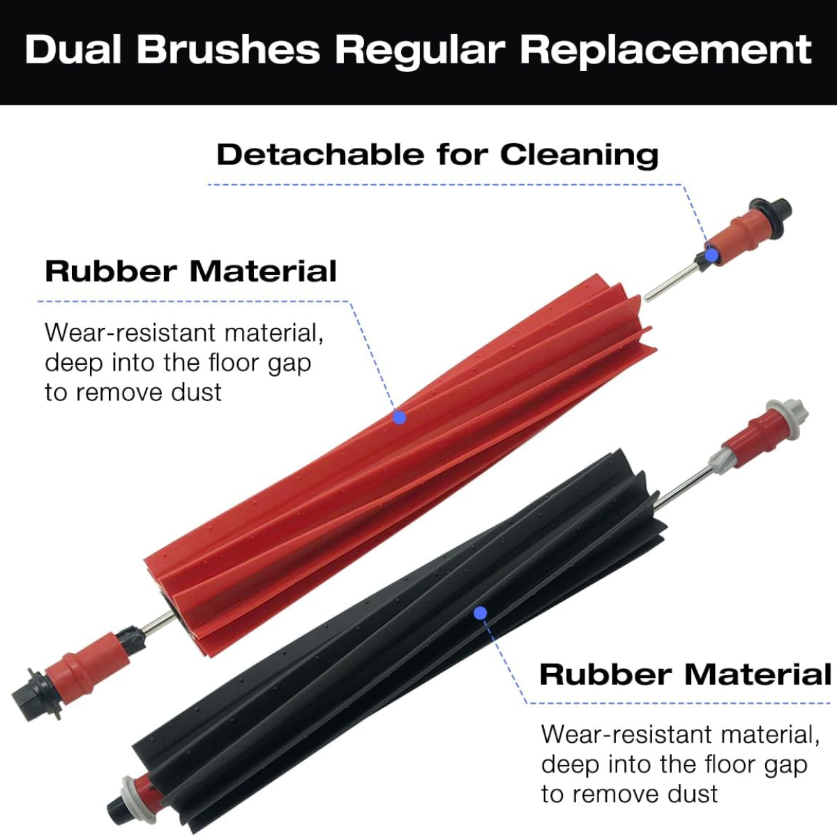 Dwa czerwone i czarne wałki szczotki do odkurzacza. Tekst opisuje materiał jako gumę.