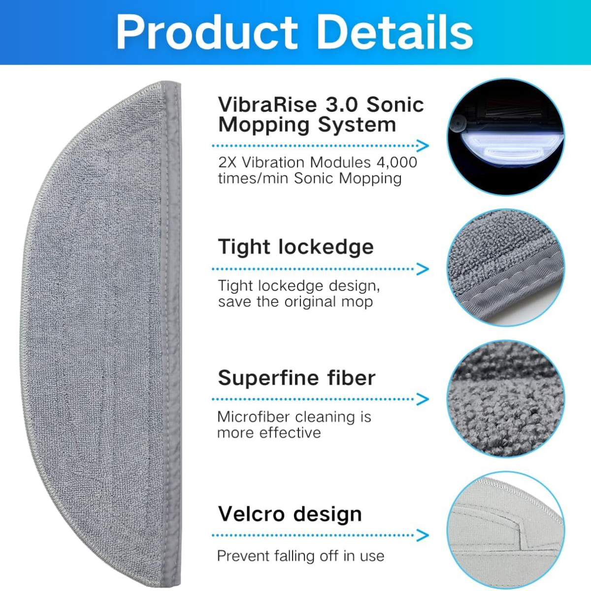 Szczegóły produktu pokazujące głowicę mopa, z tekstem o jej cechach i zaletach.