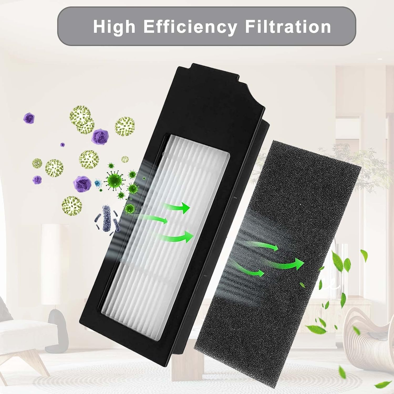 Filtr powietrza i filtr piankowy ze strzałkami wskazującymi przepływ powietrza. Tło to pokój.