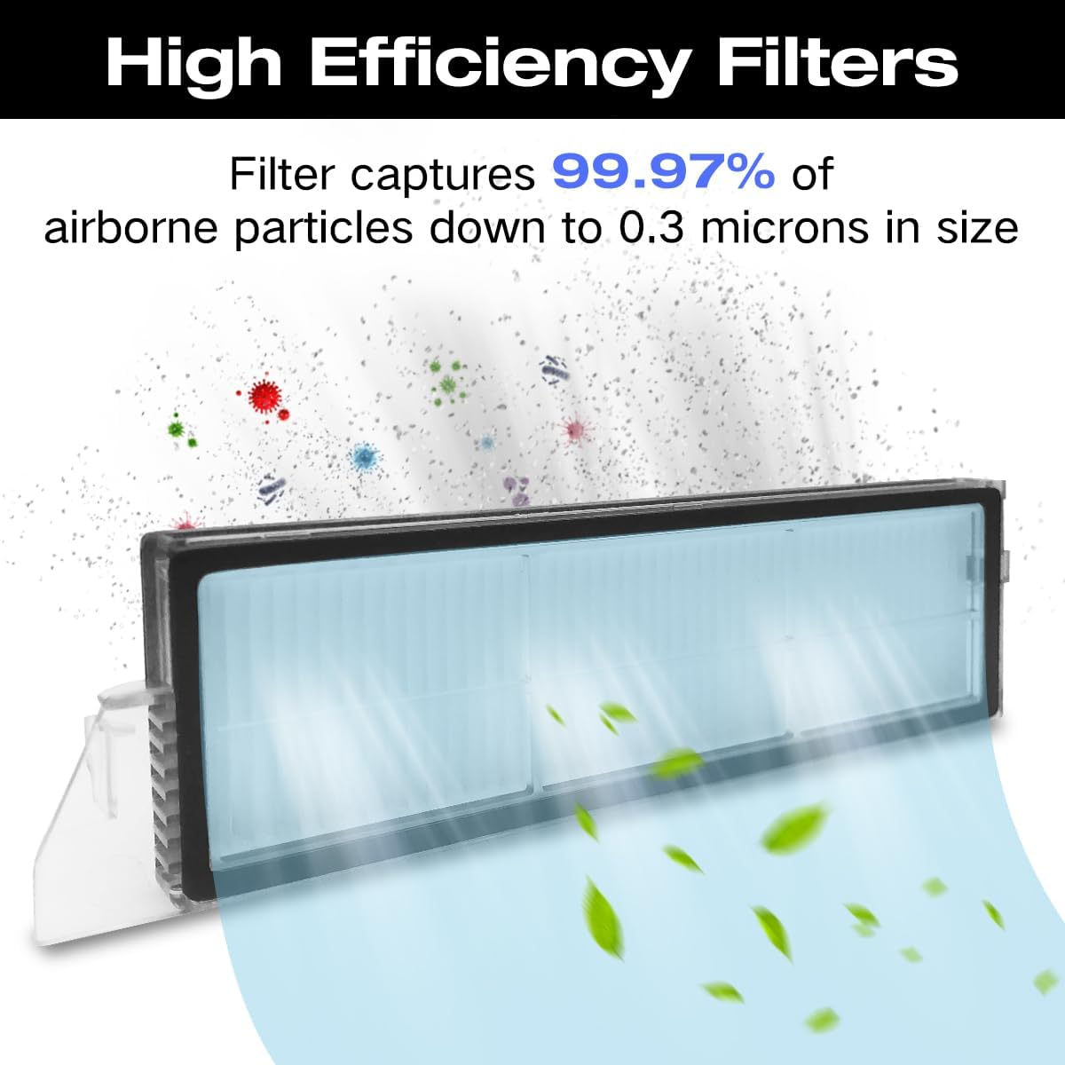 Filtr powietrza z liśćmi i cząsteczkami w powietrzu. Niebieskie tło.
