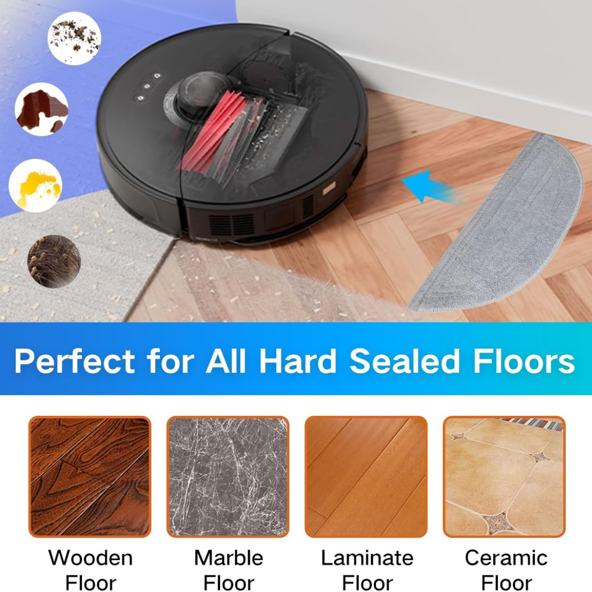 Czarny odkurzacz robot z boczną szczotką i nakładką do mopowania. Obraz przedstawia różne rodzaje podłóg.