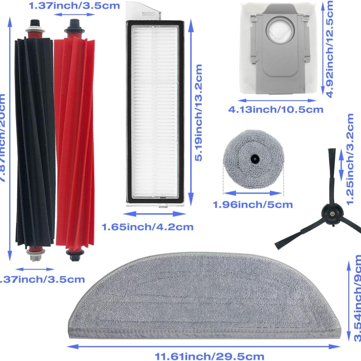 Części robota sprzątającego, w tym szczotki, filtr i worek na kurz, z wymiarami.