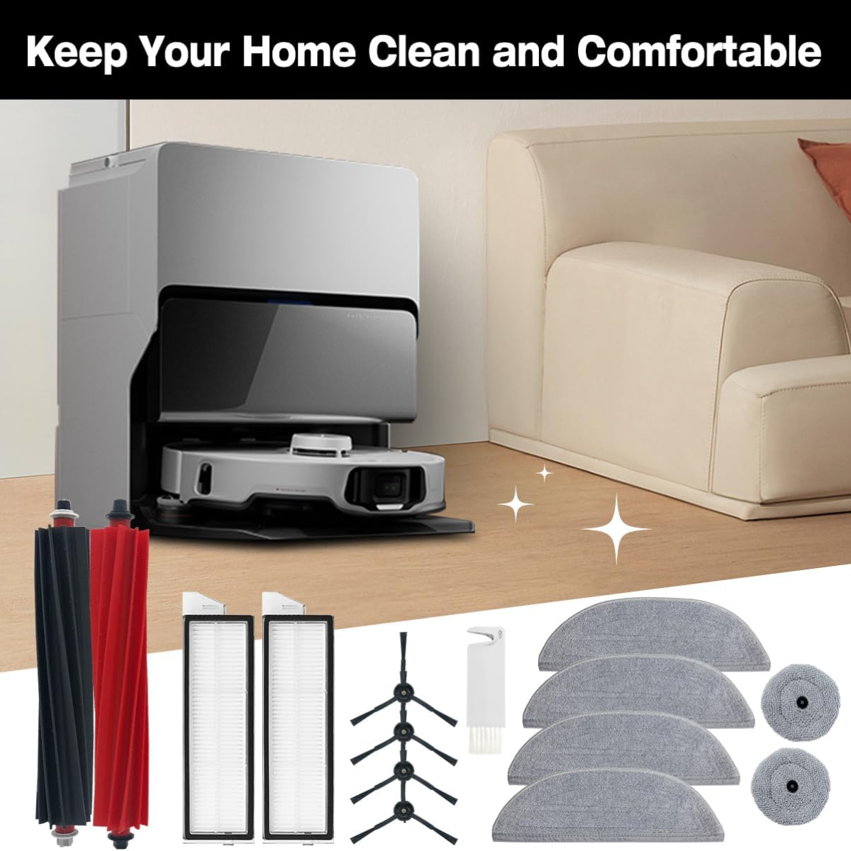 Odkurzacz robot z akcesoriami. Tło przedstawia kanapę i błyskotki. Tekst: 'Utrzymuj swój dom w czystości i komforcie'.