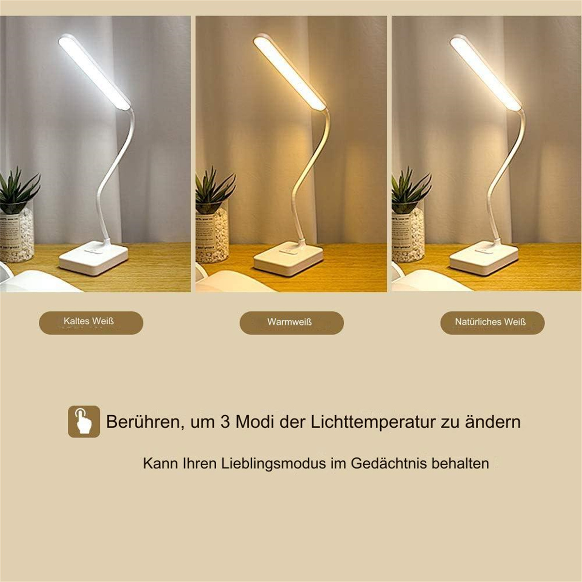Drei weiße Schreibtischlampen mit unterschiedlichen Lichteinstellungen. Text erklärt die Modi.