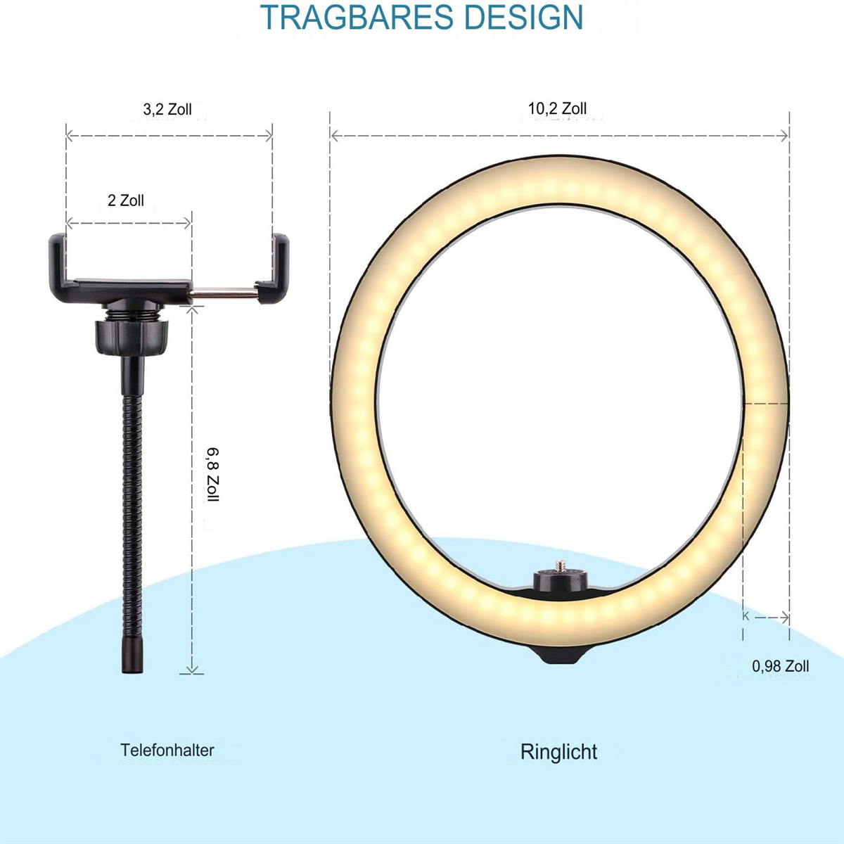 Tragbares Ringlicht mit Telefonhalter. Anzeigen von Abmessungen und Messungen mit weißem Hintergrund.