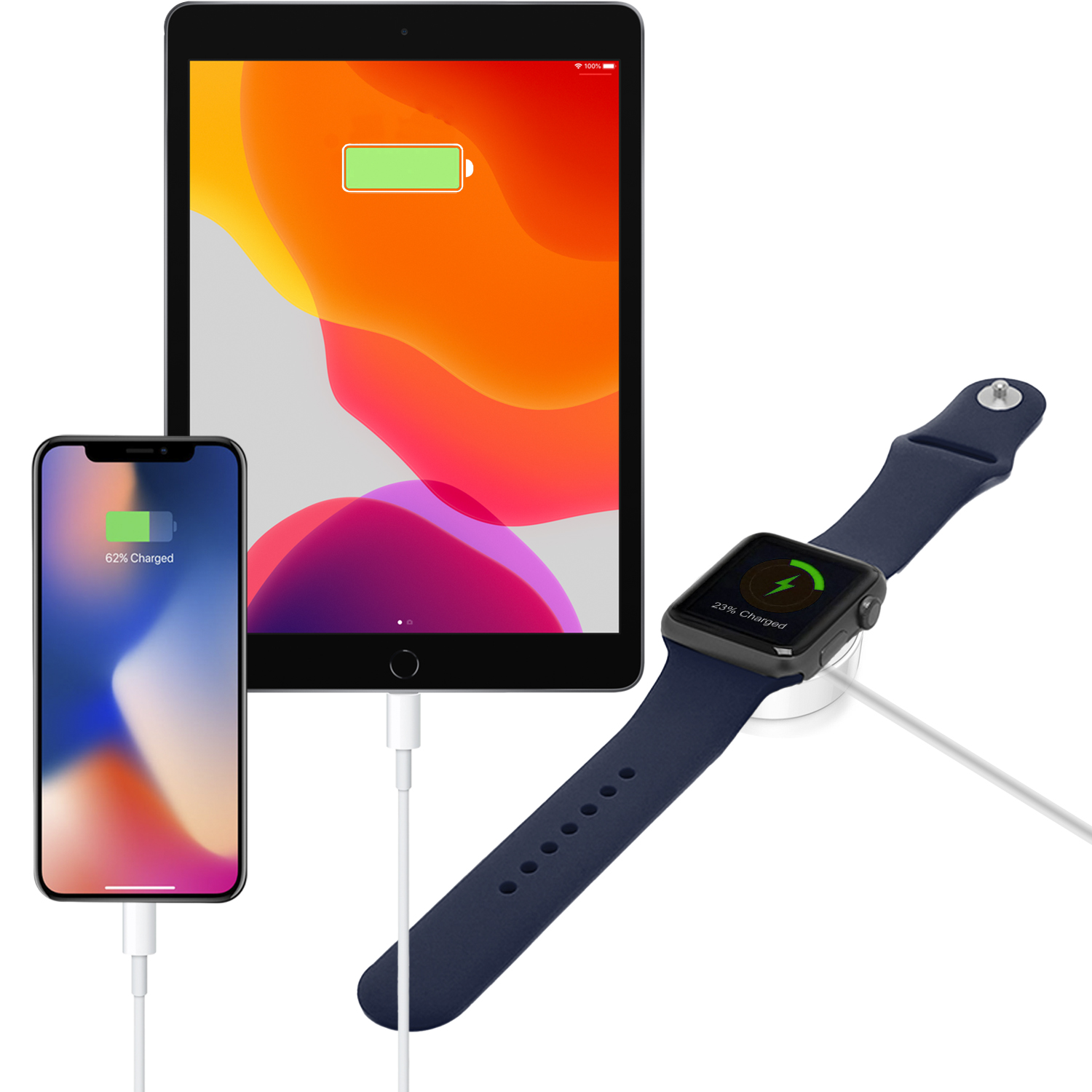 Tablet, telefono e orologio in carica con cavi, che mostrano i livelli di batteria.