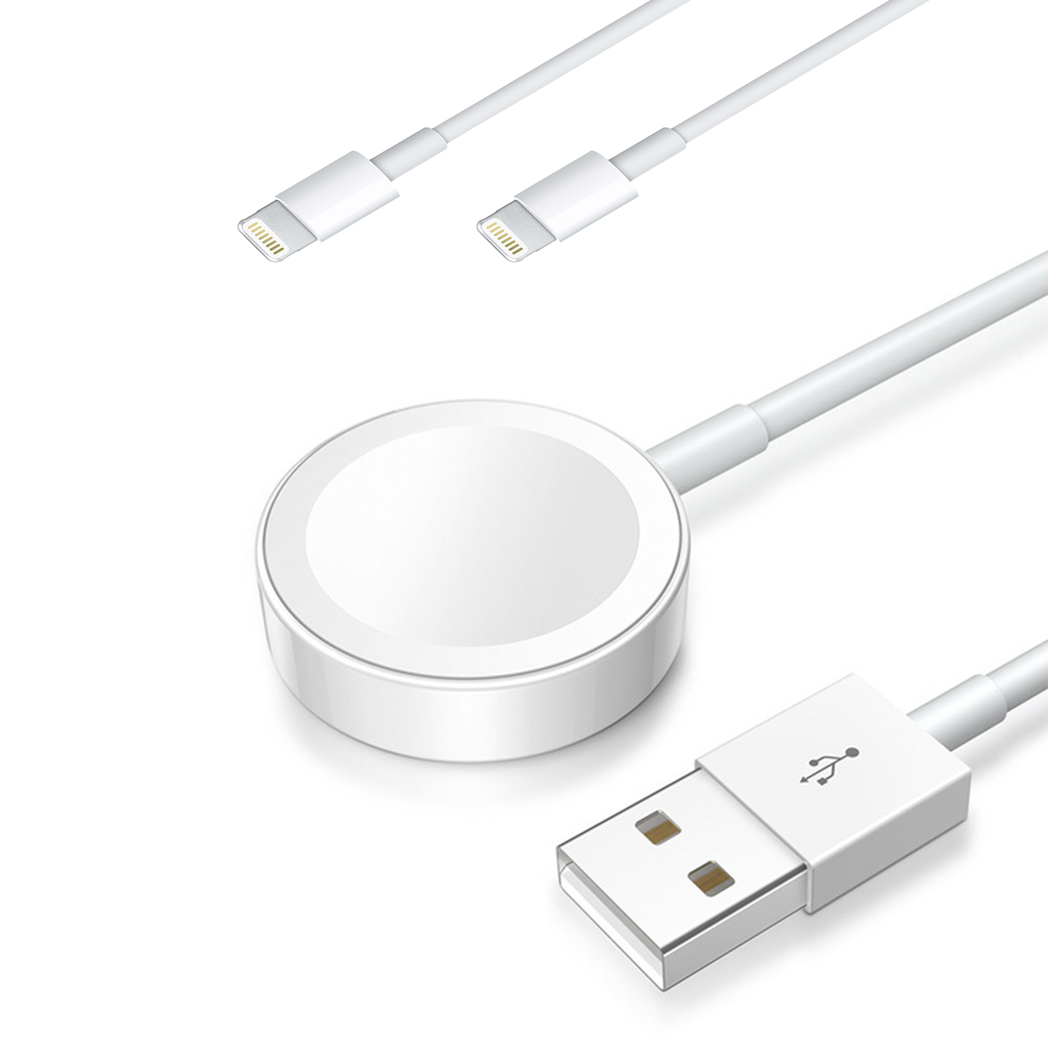 Cavi di ricarica bianchi per dispositivi. Include Apple Watch e Lightning.