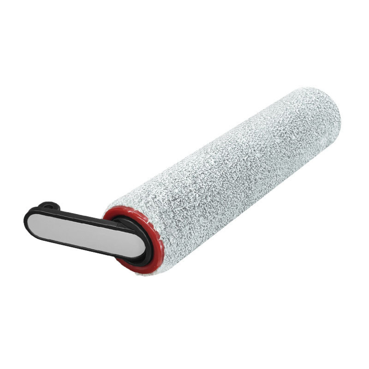 Rodillo de limpieza blanco con mango negro y anillo de goma rojo.