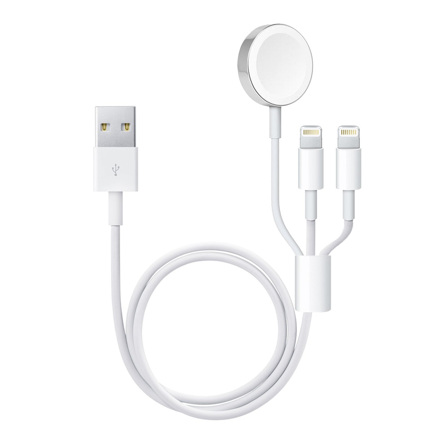 Cavo di ricarica bianco con tre connettori per dispositivi Apple. Cavo con connettore USB.
