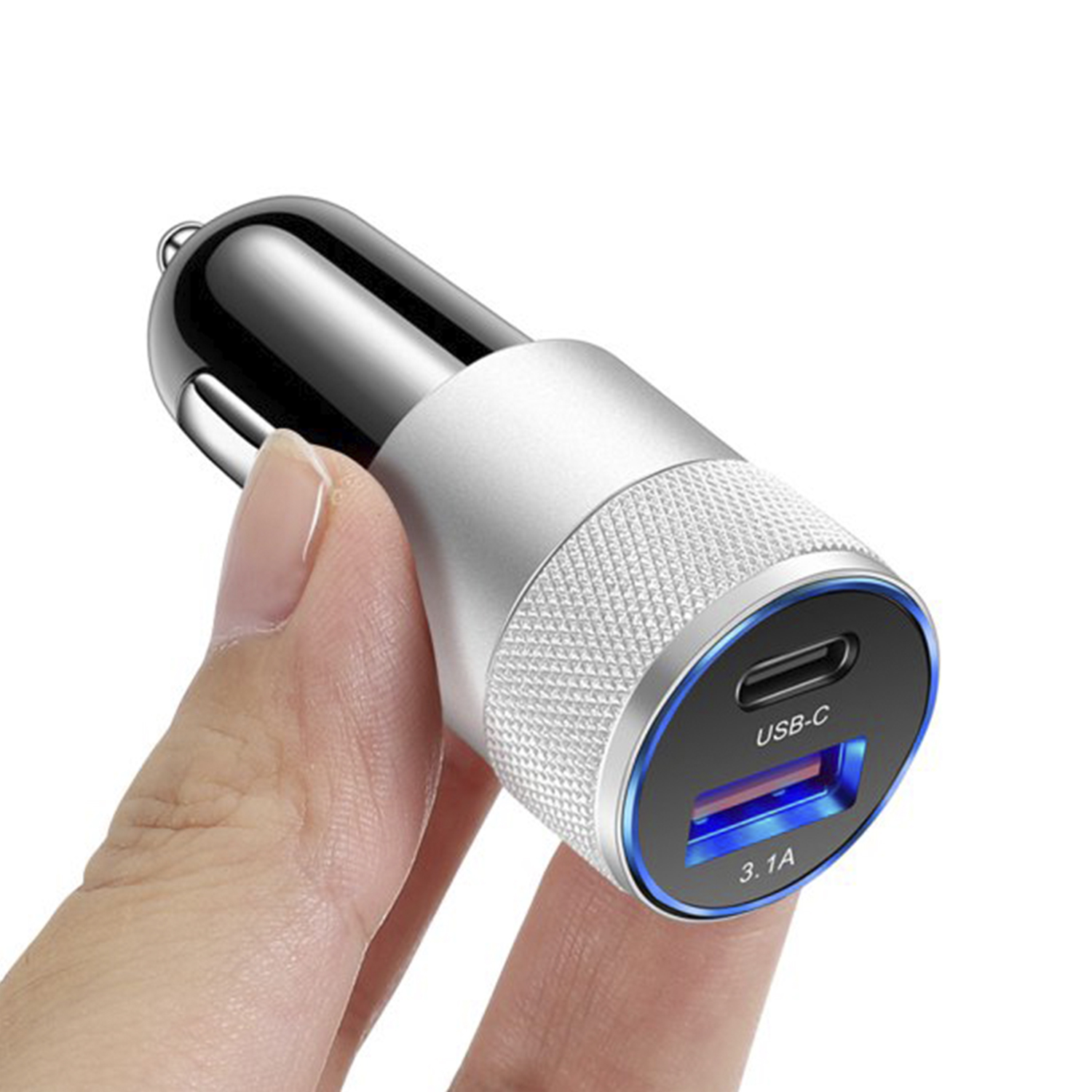 Caricabatterie per auto con porta USB-C e USB. Design nero e argento.