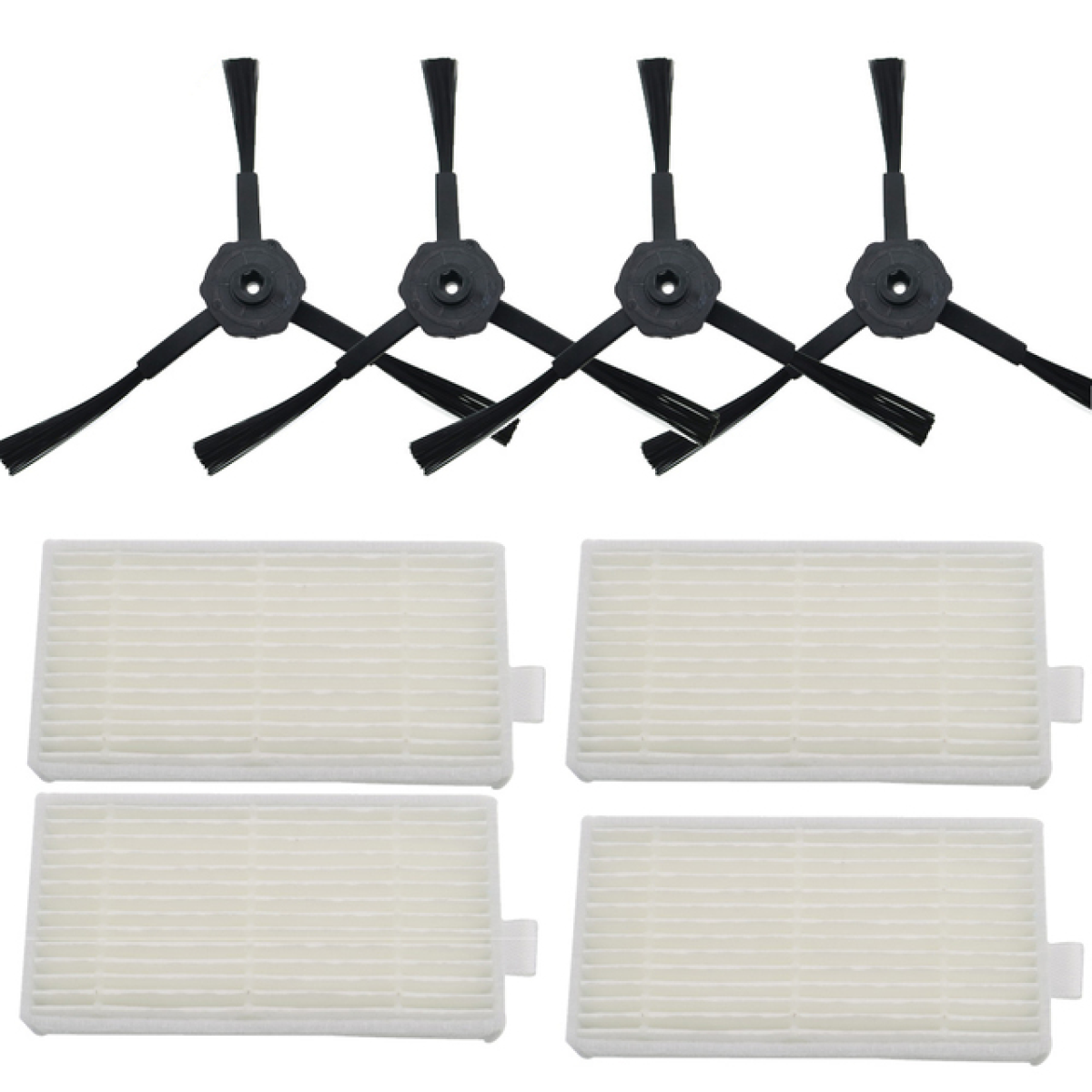 Cuatro cepillos negros para robot aspirador y cuatro filtros rectangulares blancos sobre fondo blanco.