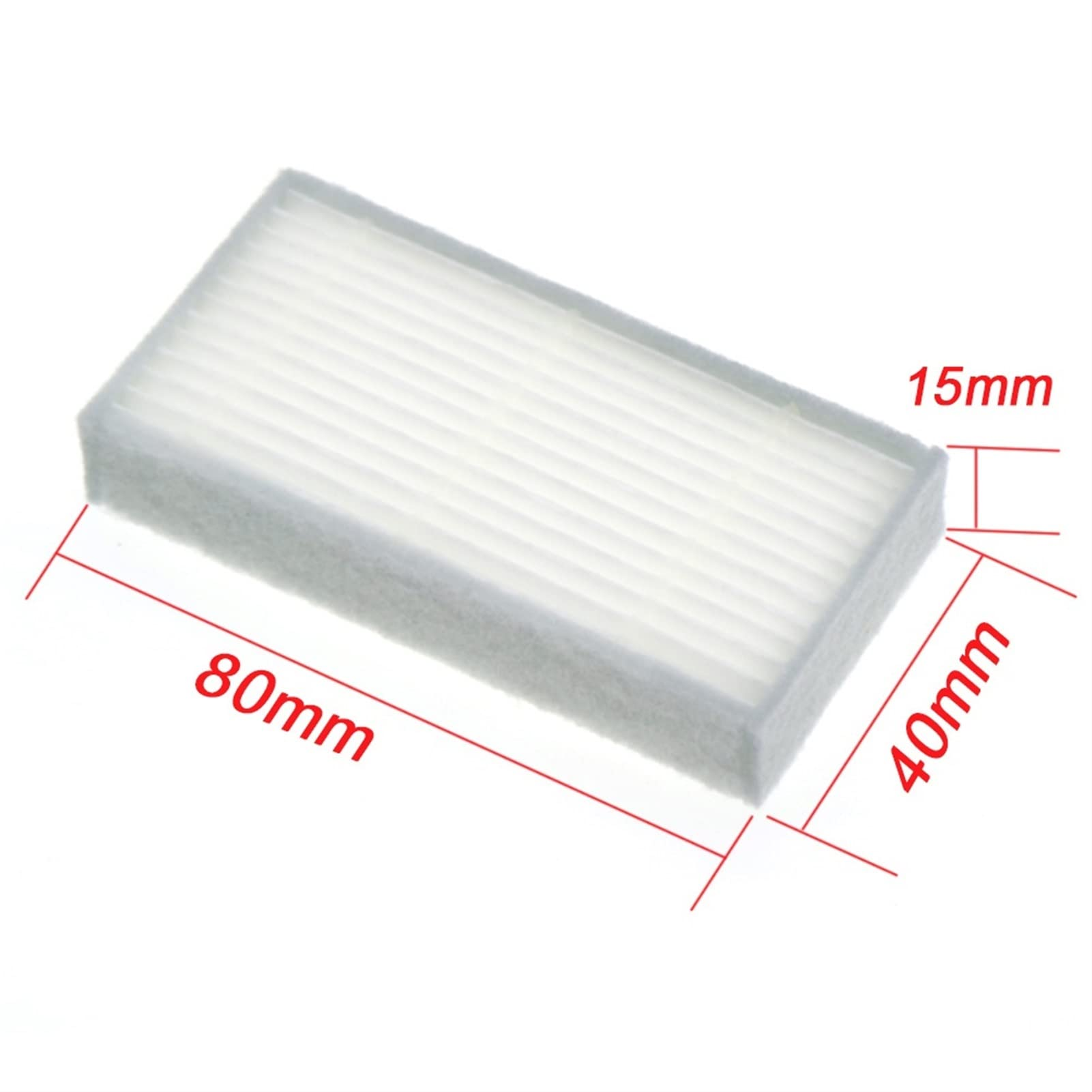 Filtro rectangular blanco con dimensiones: 80mm x 40mm x 15mm. Fondo blanco.