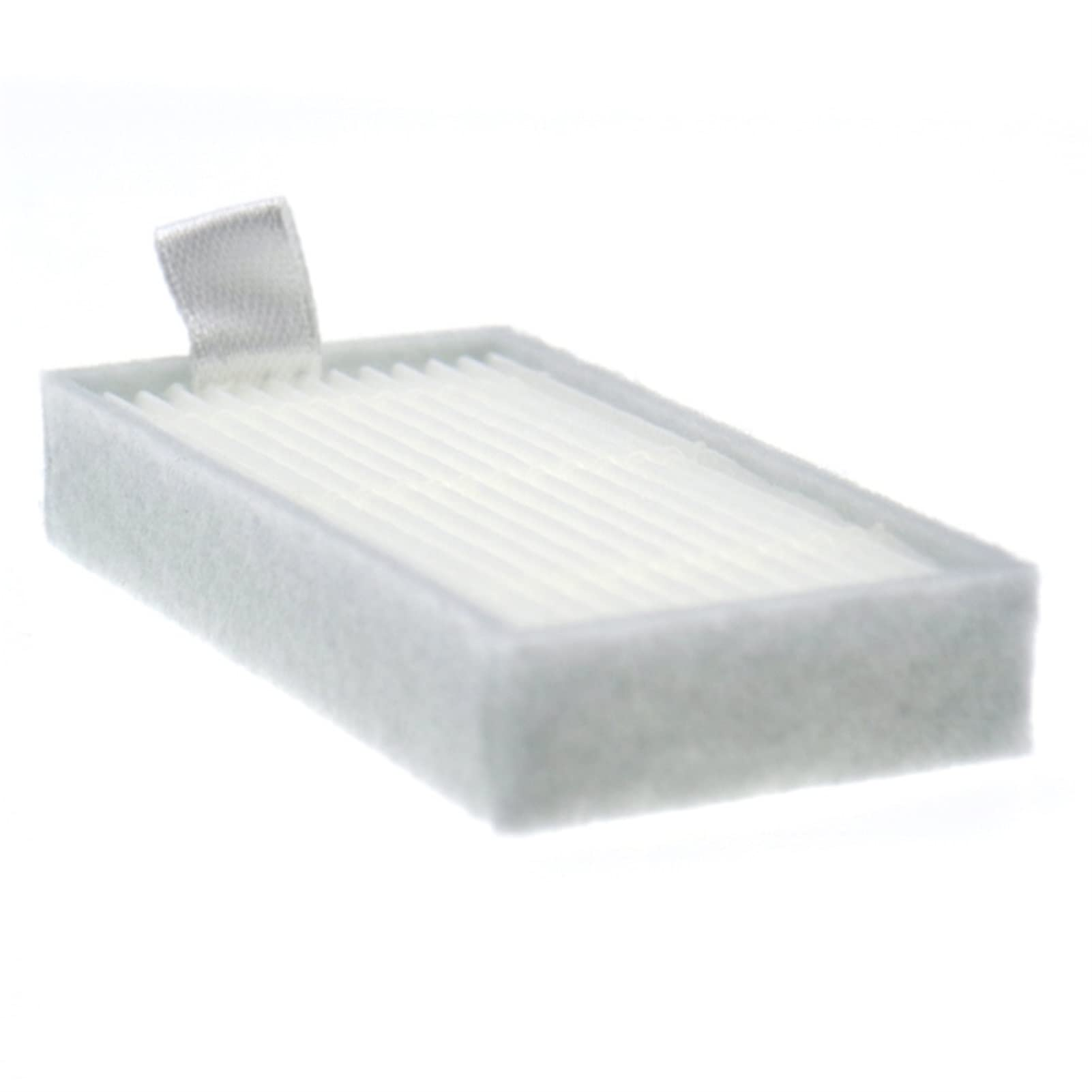 Un filtro de aire rectangular blanco. Tiene un marco blanco y un material filtrante blanco en su interior.