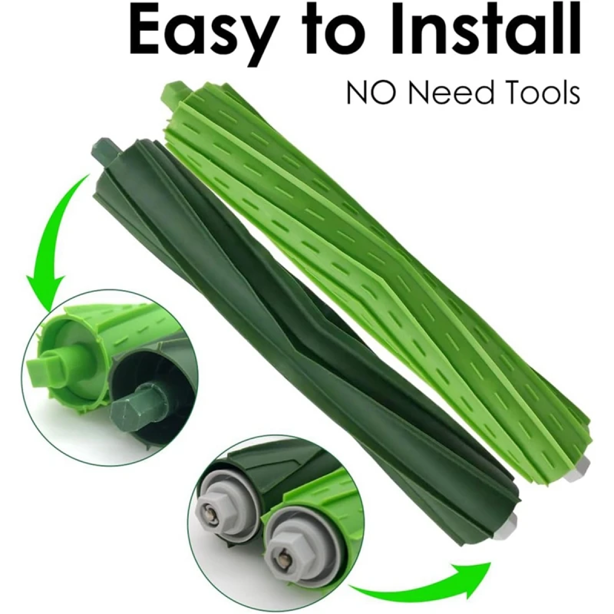 Zielone i ciemnozielone rolki szczotki do odkurzacza. Tekst brzmi 'Easy to Install'.