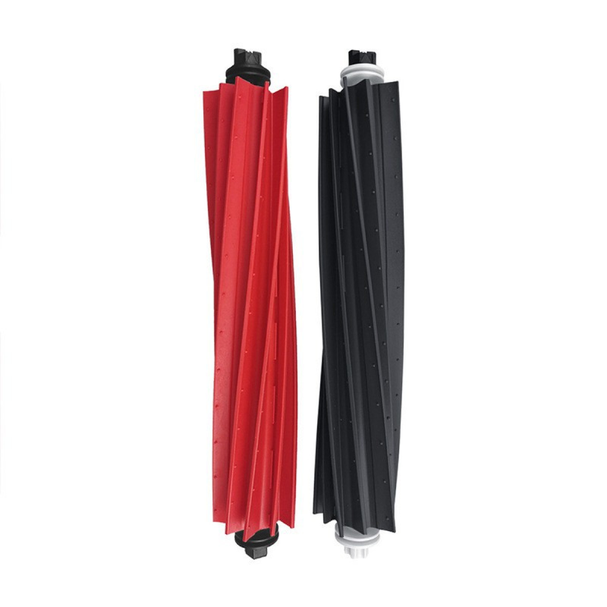 Dwie czerwone i czarne szczotki do odkurzacza, do robota odkurzającego.