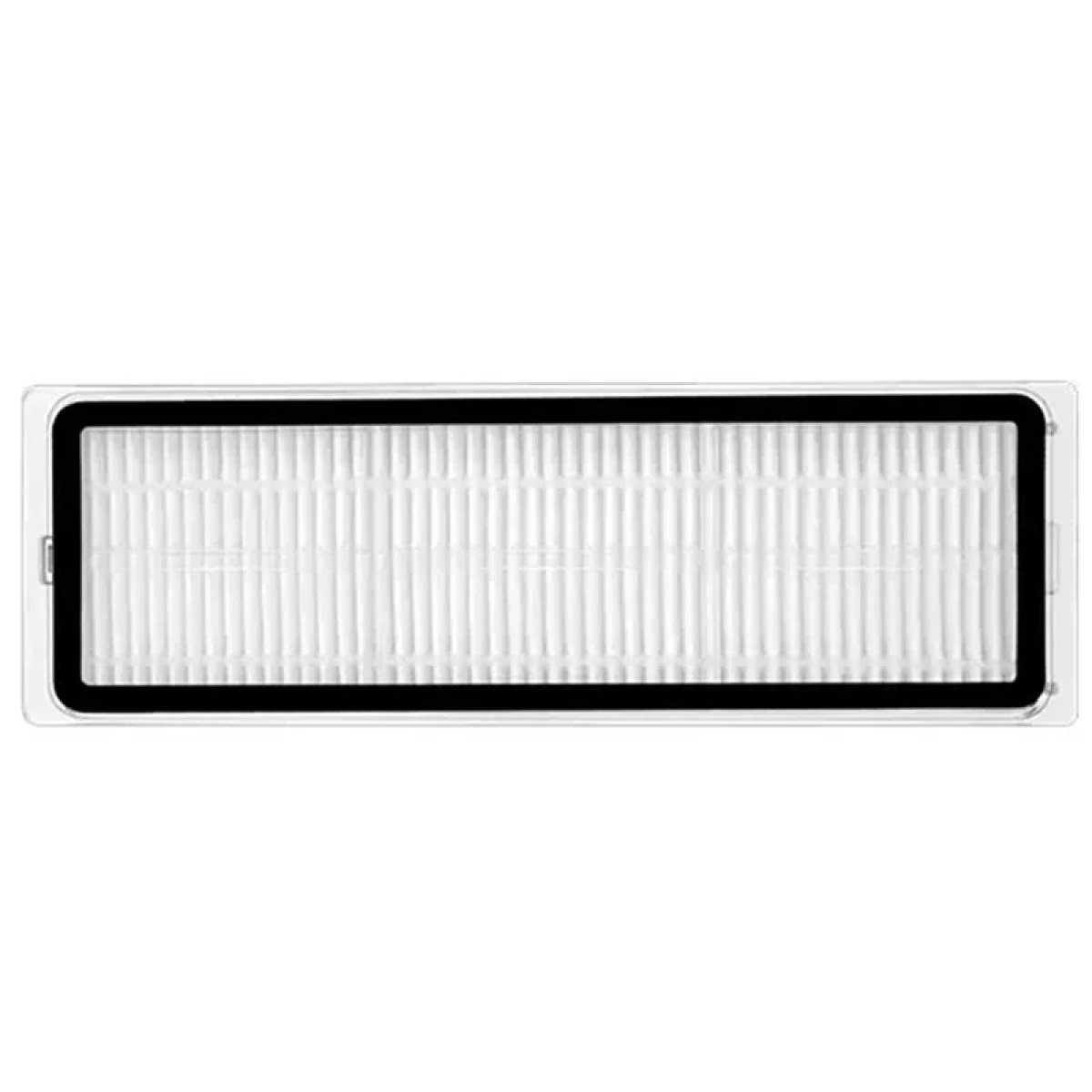 Prostokątny, biały filtr z czarną obwódką, prawdopodobnie do oczyszczacza powietrza.