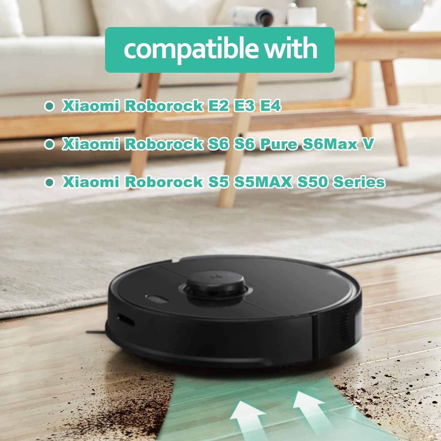 Schwarzer Roboter-Staubsauger auf Holzboden, mit Text, der die Kompatibilität anzeigt.