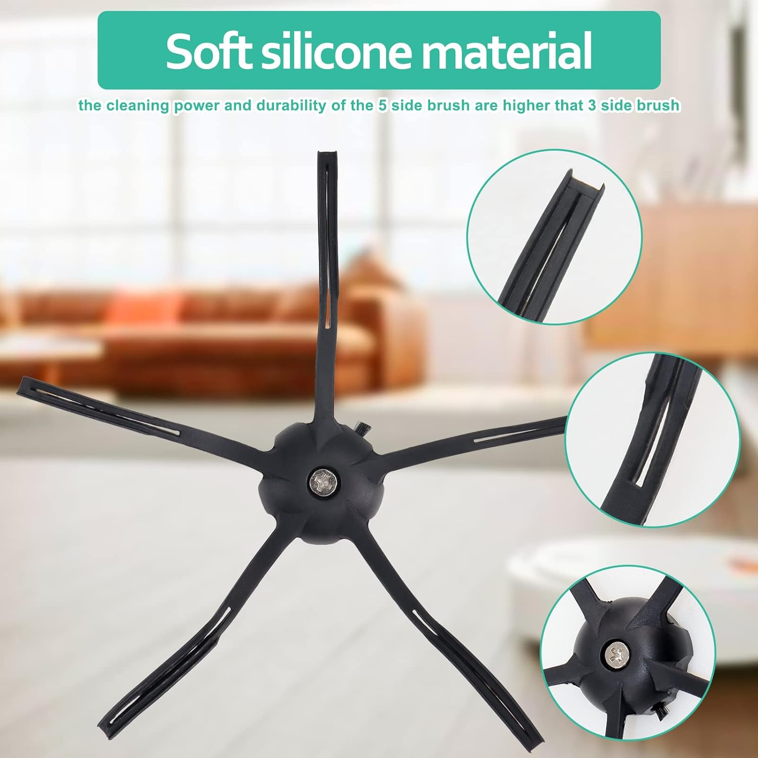 Schwarze Seitenbürste für Roboterstaubsauger mit weichem Silikonmaterial, Nahaufnahme.