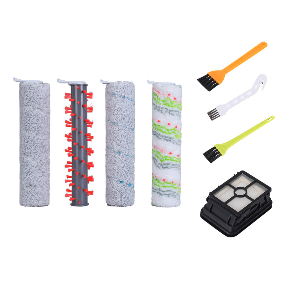 Szczotki rolkowe do odkurzacza, szczotki i filtr na białym tle.