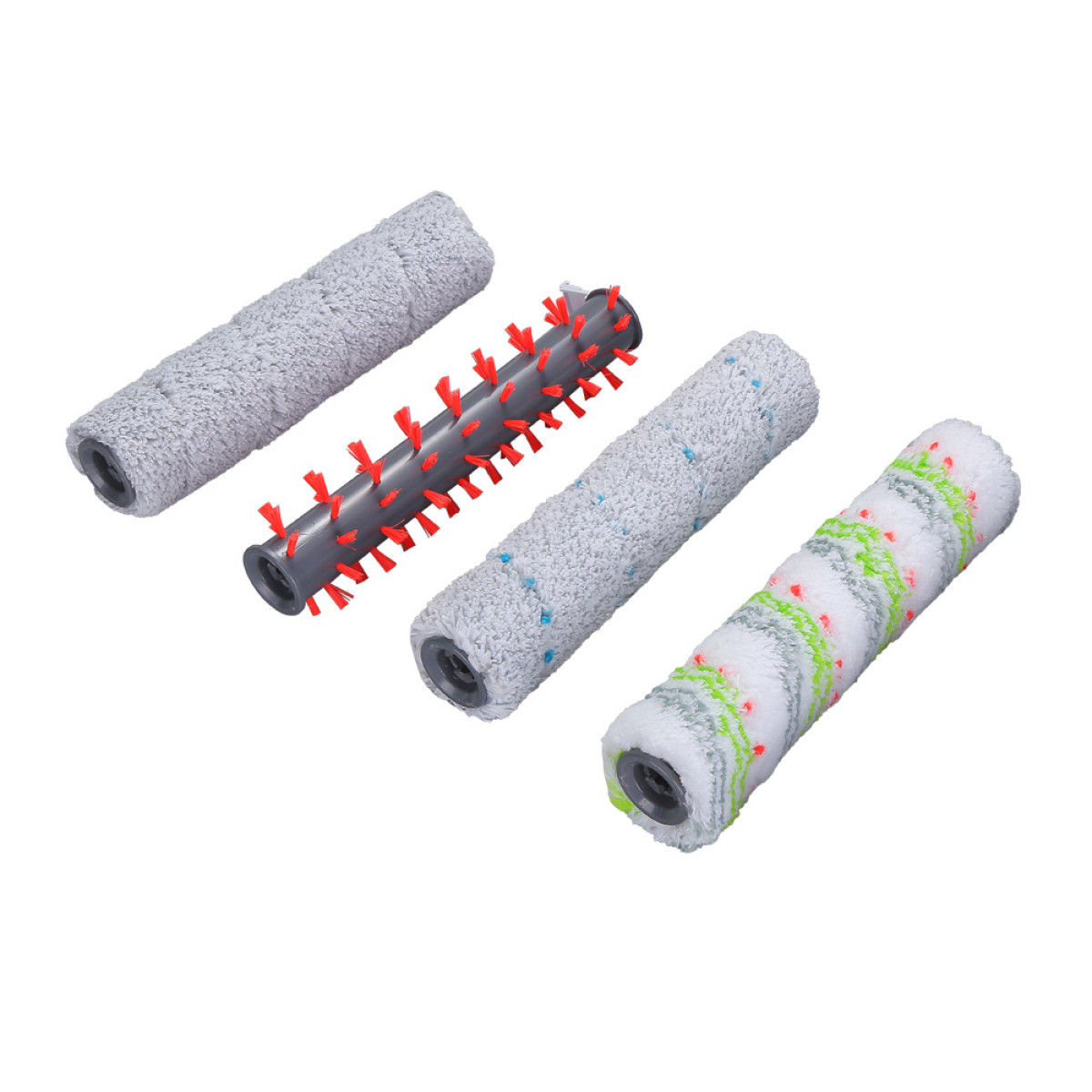 Cztery wałki szczotki do odkurzacza, różne kolory, na białym tle.