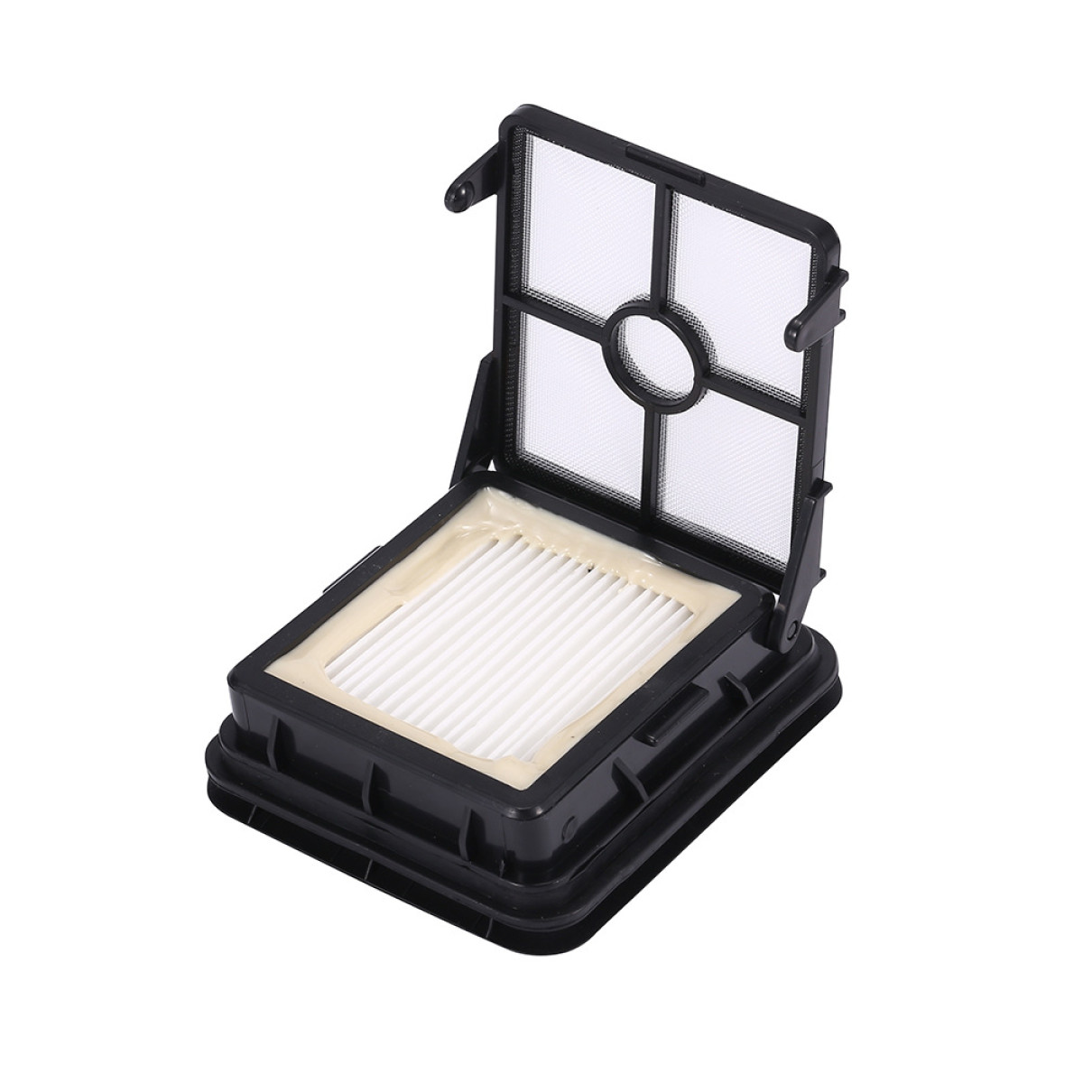 Czarny filtr do odkurzacza z białym materiałem filtrującym na białym tle.